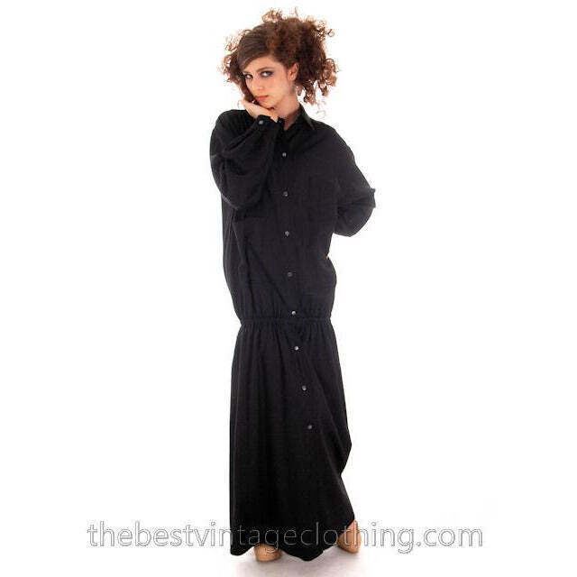 VTG 70s 80s Vuokko Finland Black Wool Snap Front Dropped Waist Dress M