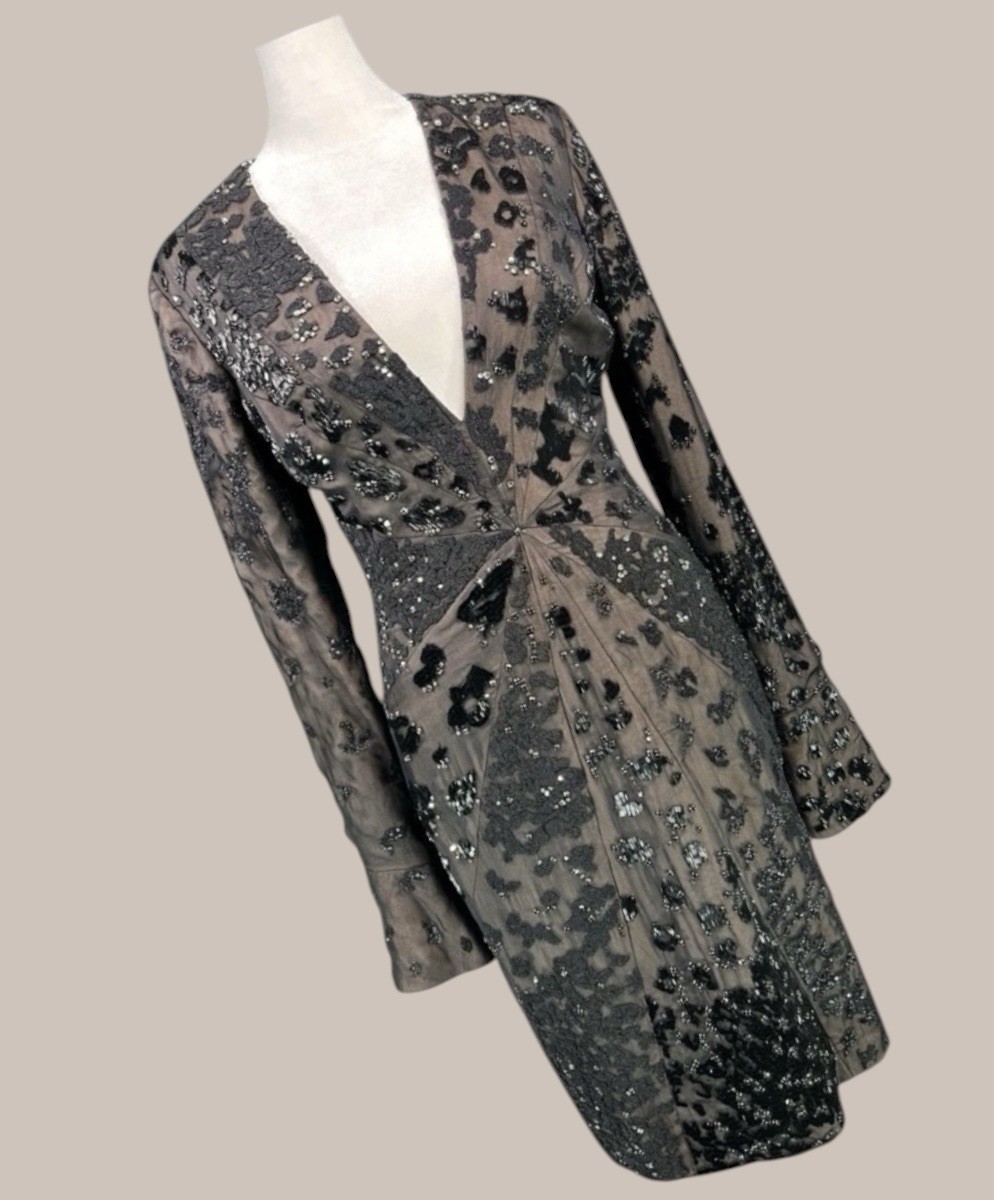 SALVATORE FERRAGAMO ITALY SILK BEAD RHINESTONE DRESS LEOPARD ANIMAL PRINT VTG 38