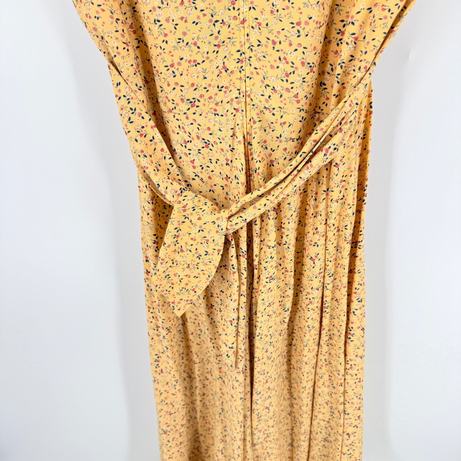 Vintage Donna Ricco Floral Faux Wrap Midi Dress Yellow Waist Tie Size Petite 8