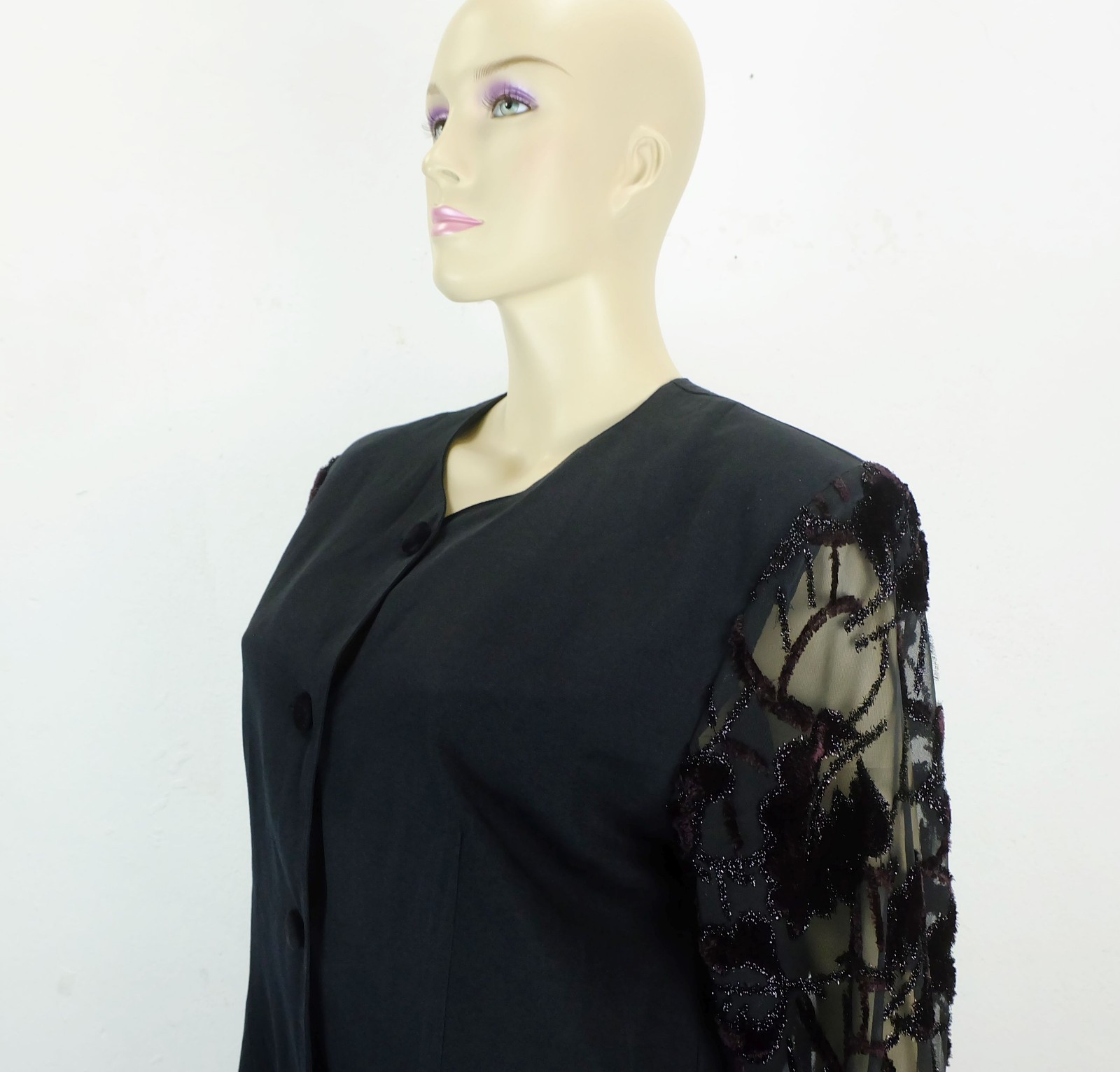 vintage 1980s blouse by yessica black fabric sheer sleeves size M