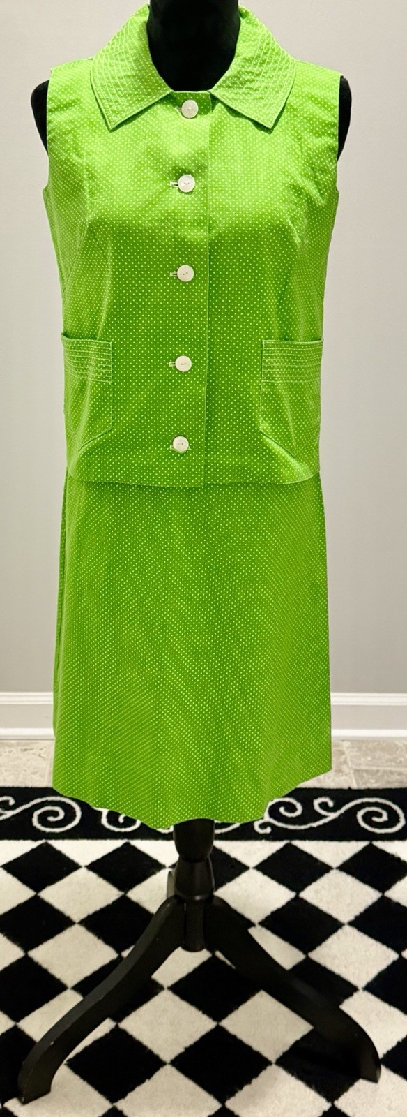 Vintage 1970s Women’s Heavy Cotton Green & White Polka Dot 2 Piece Top/Skirt