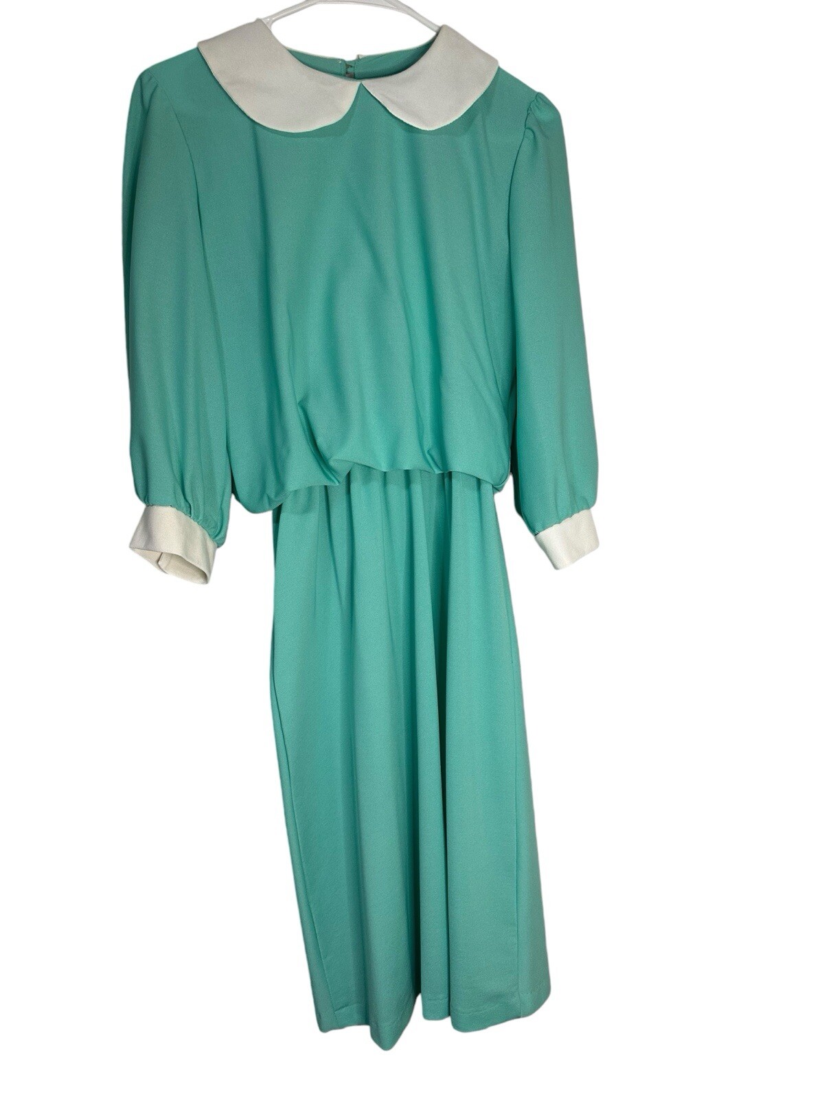 VTG TJuniors Blouson Aqua Dress, White Collar, Long Sleeves, 40” Length Size 7-8
