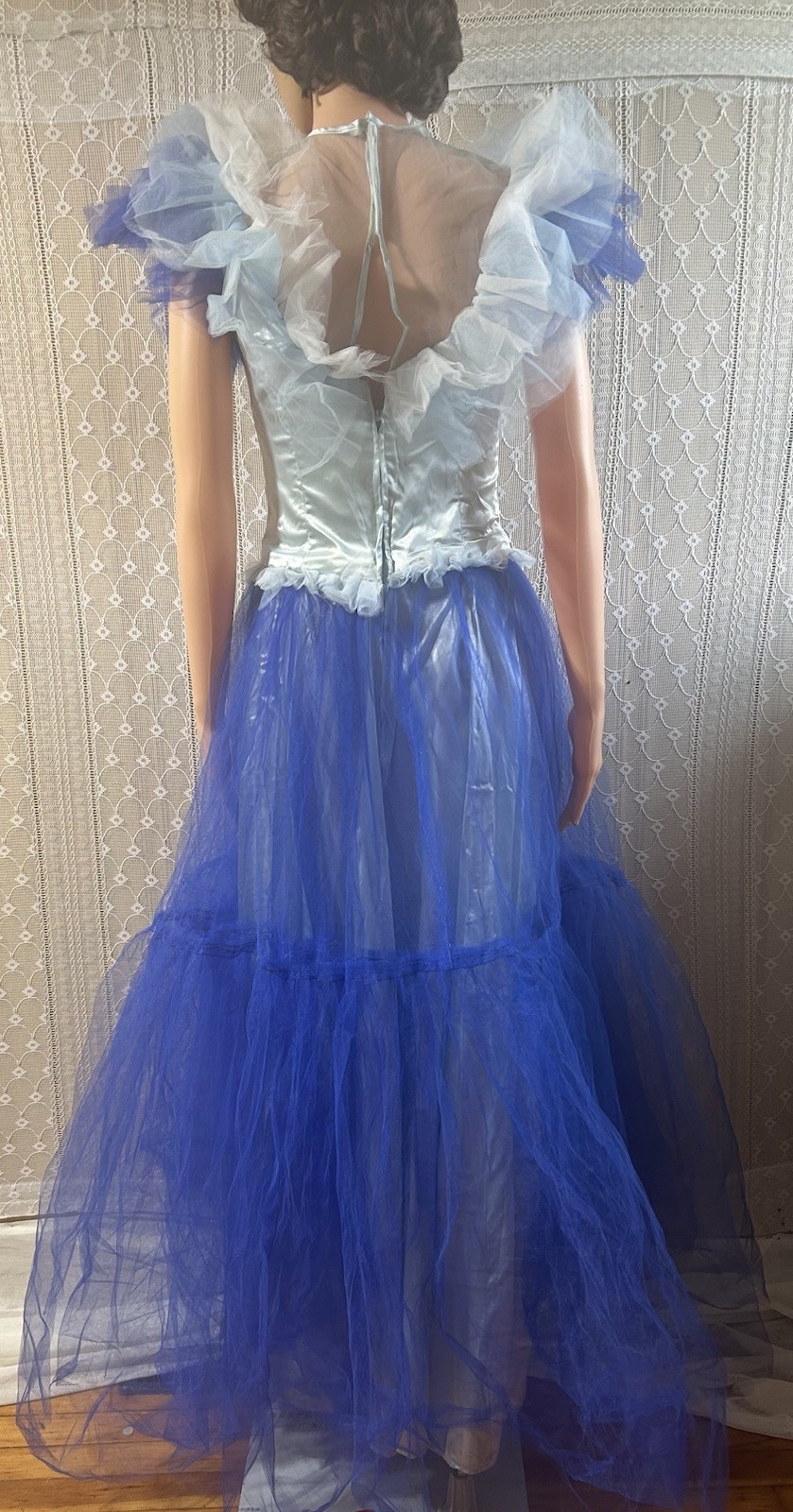 Vintage Tulle Ball Gown 34″w Theatrical Drama Ruffle Dress, Blue 80s 50s Prom