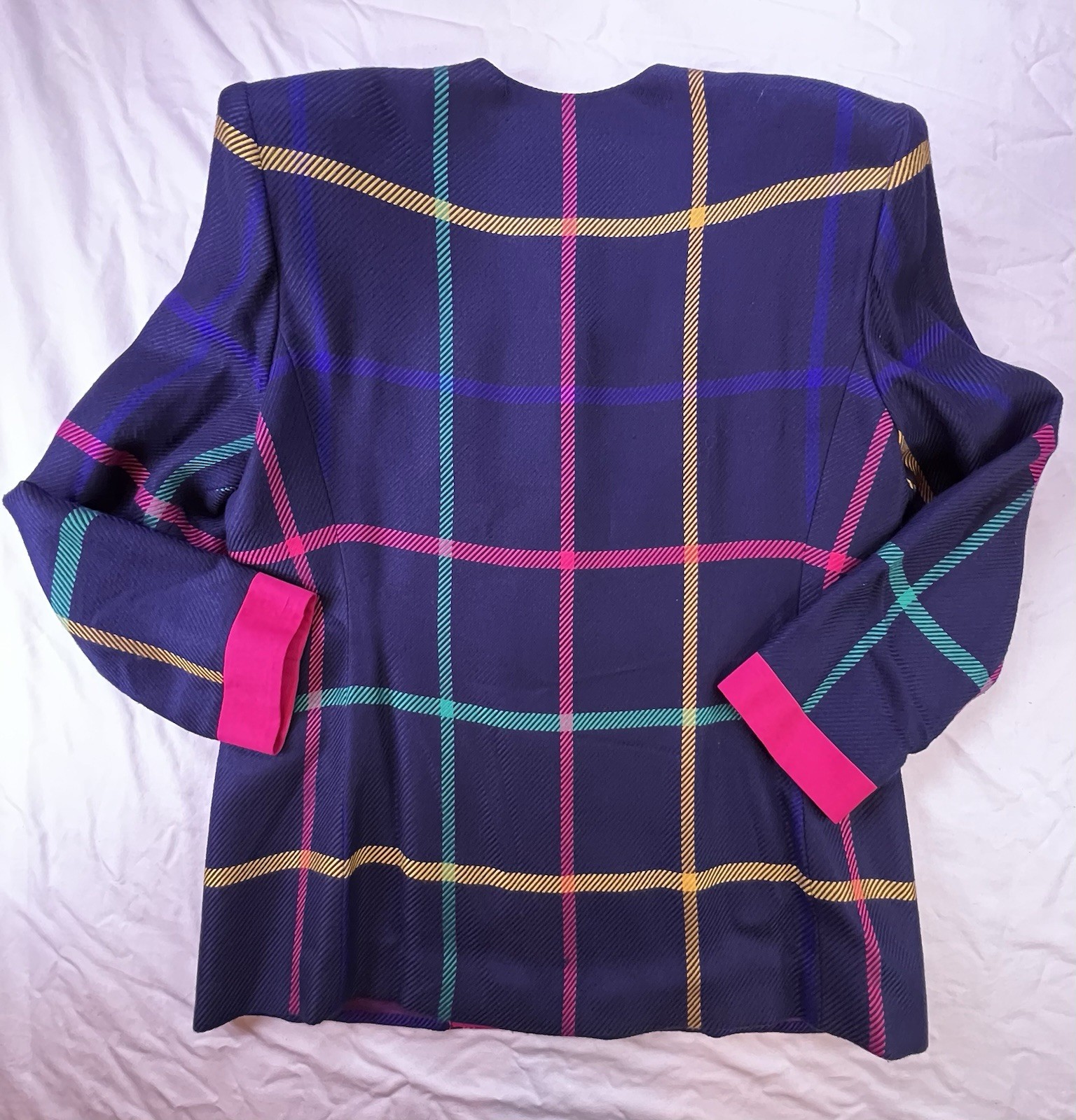 Vintage 80’s Saville Lined Jacket Blazer Tartan Plaid Blue Pink Sz 12 Large