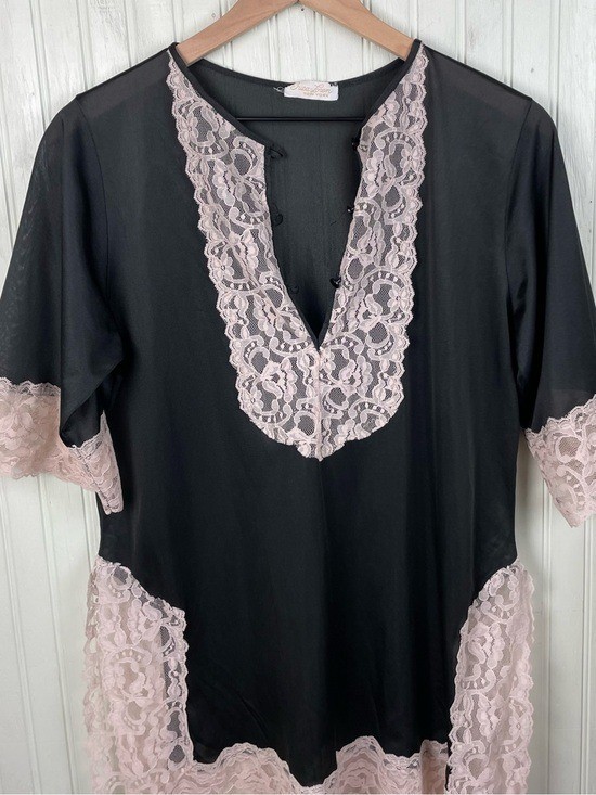 Vintage 60s Erica Loren Black Cream Lace Tunic Nightie Lingerie Top Coquette