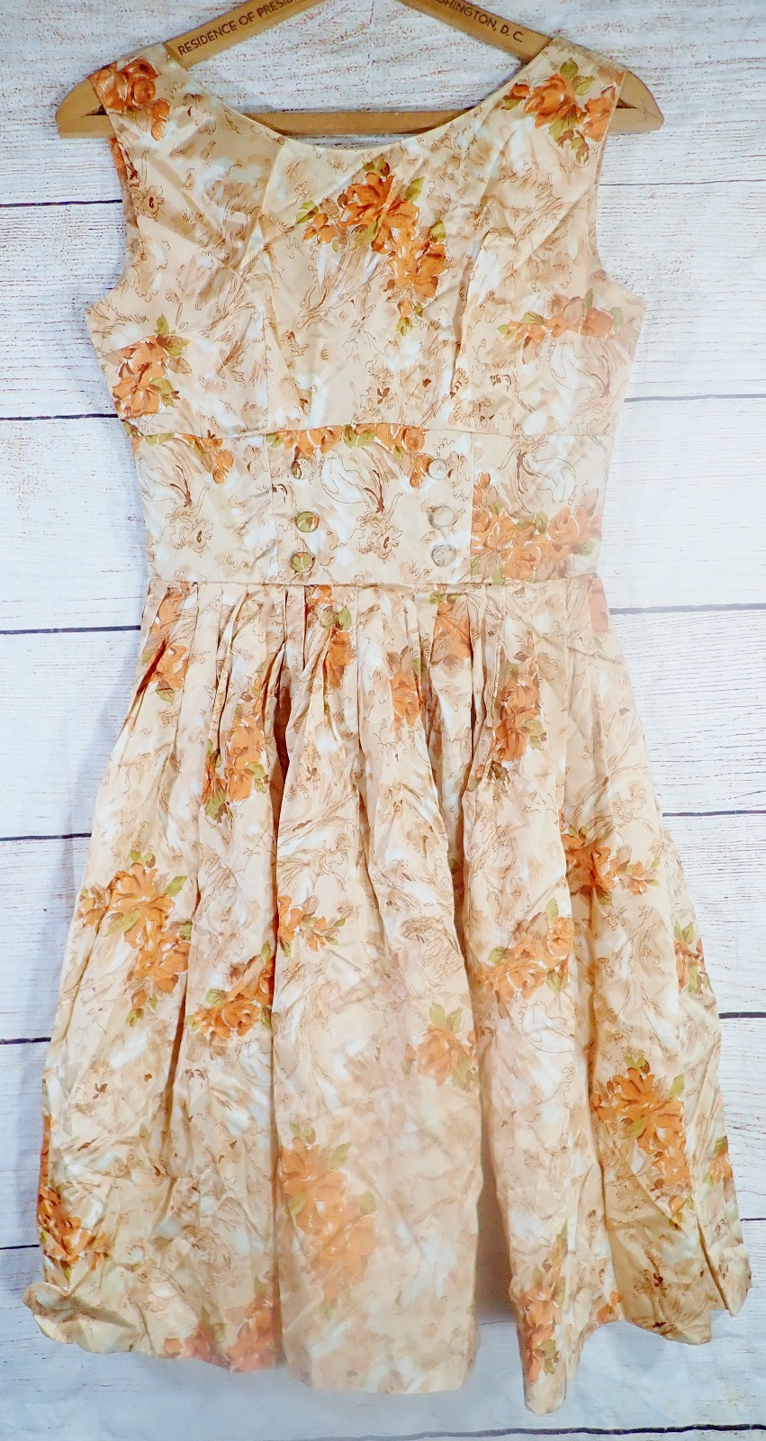 True Vintage 1950s 60s Peach Watercolor Floral Pinup Rockabilly Swing Dress XS 0