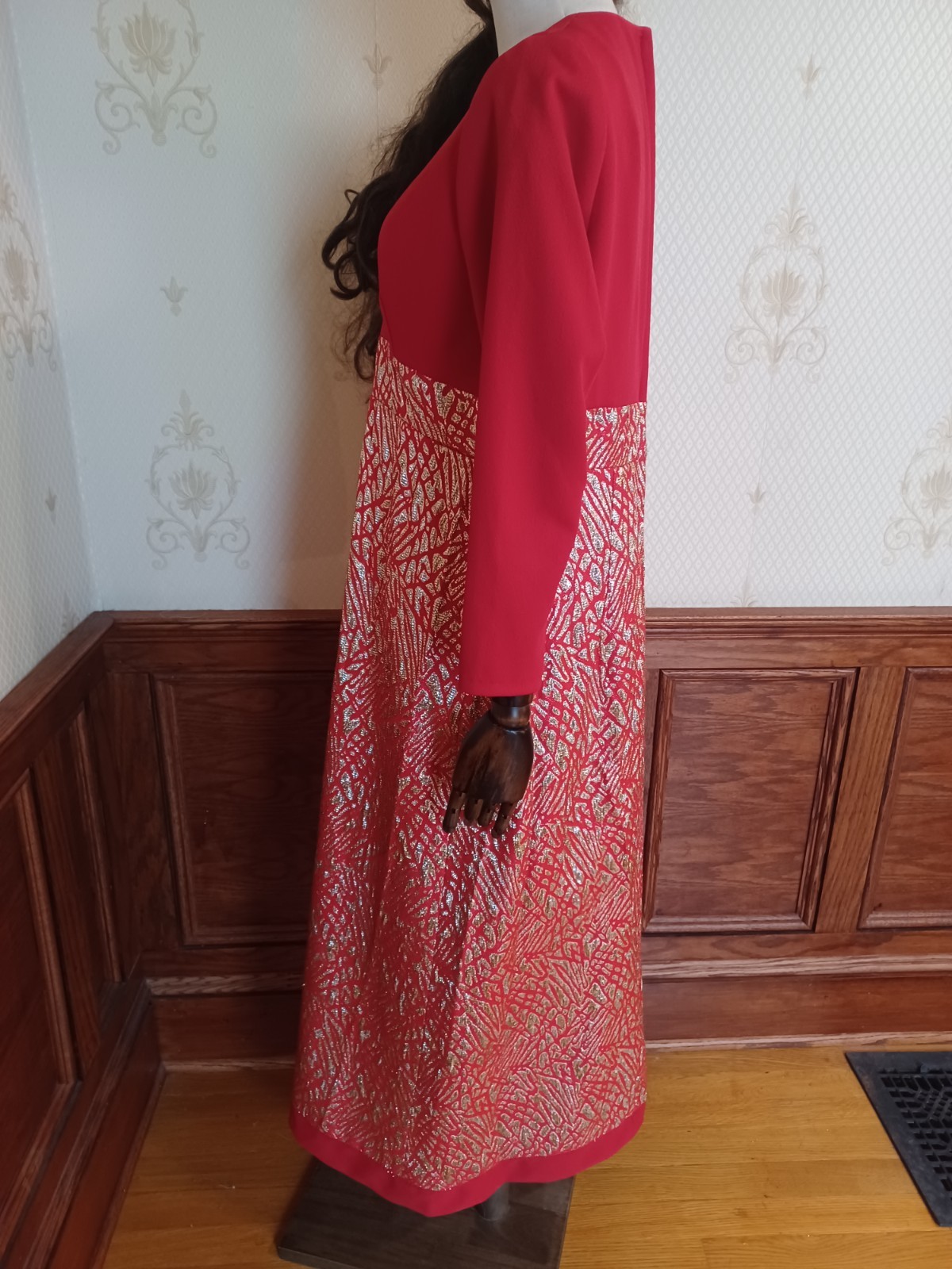 Vintage 1960s/1970s Red Gold Lame Empire Waist Mod Boho Hostess Maxi Dress