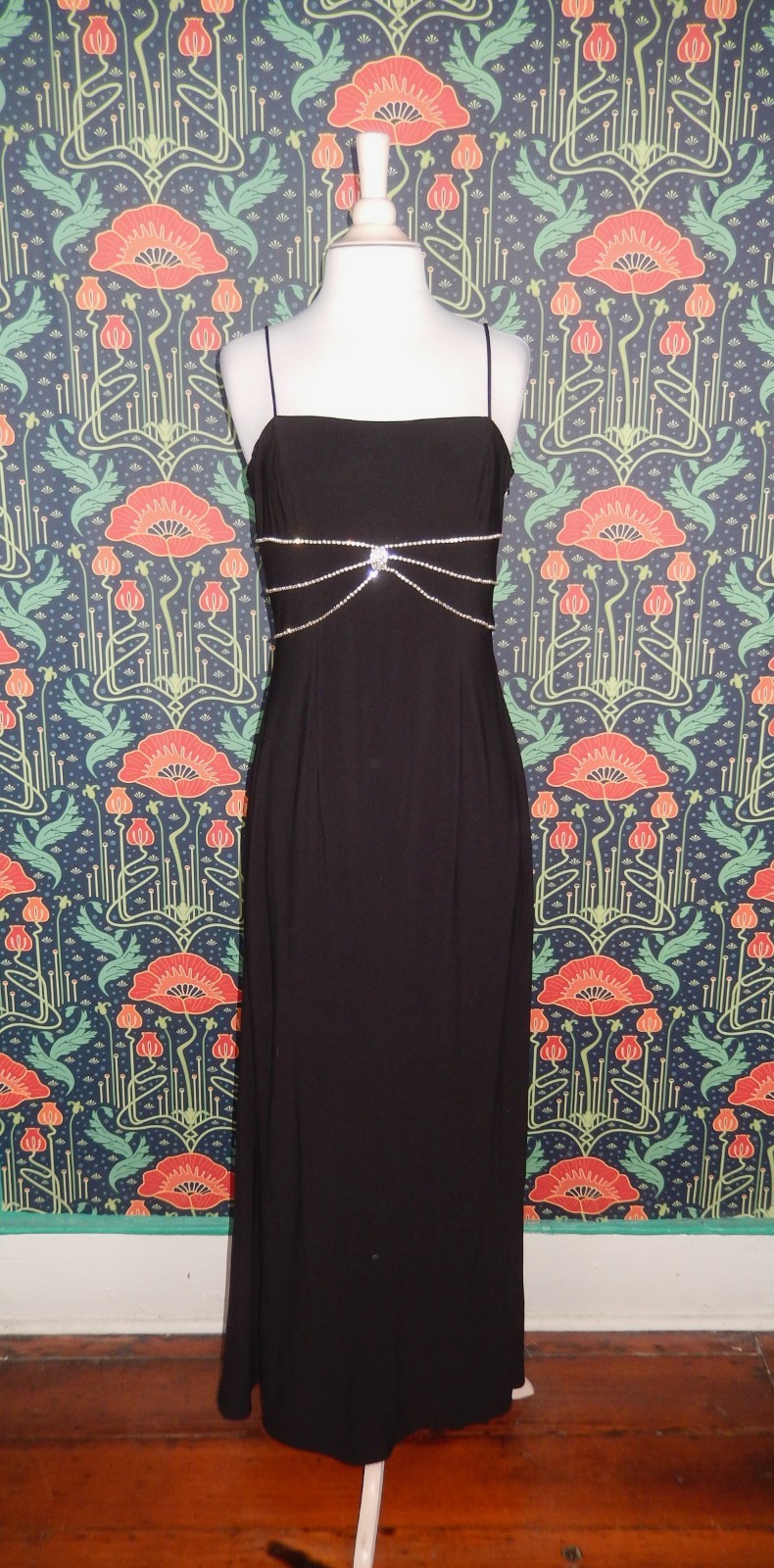 Vintage 90’s Y2K Black Prom Homecoming Strappy Rhinestone Crystal Formal Dress