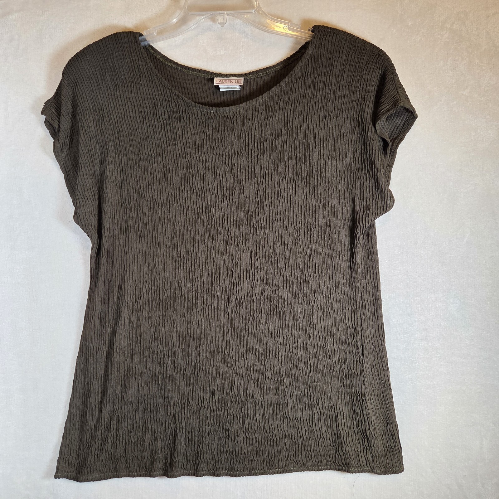 Vintage Lauren Lee Womens Blouse Short Sleeve Shirt Olive Green Textured Shell L