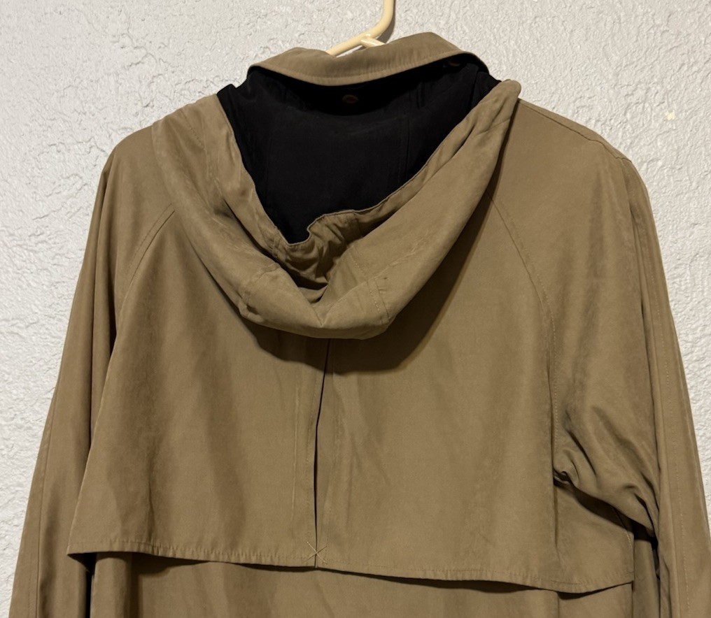 Vintage Women’s Khaki Trench Coat Button Up Vented Zip Pockets Hooded NO Liner