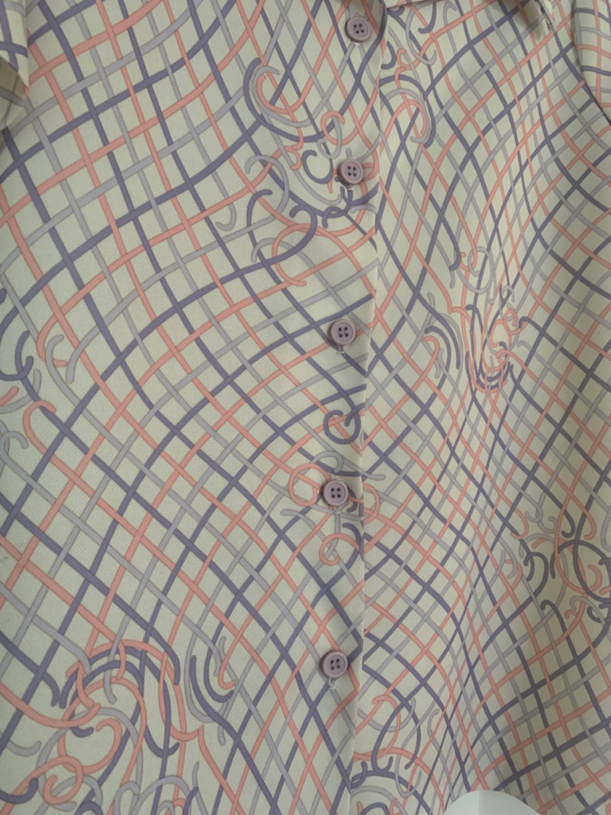 Funky Vintage 70s Women’s Button Down Polyester Top in Ivory, Purple, and Peach