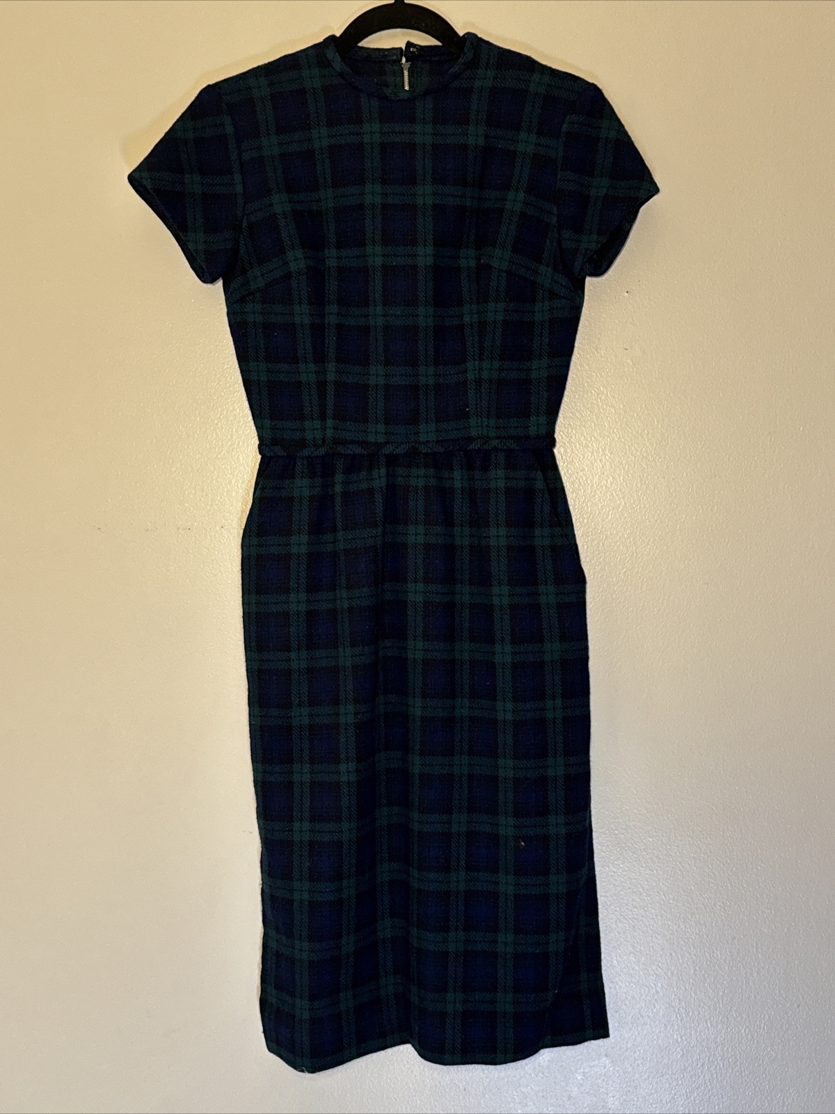Sue Brett Junior Dress Size 11 Wool Plaid Vintage Pockets Green and Blue
