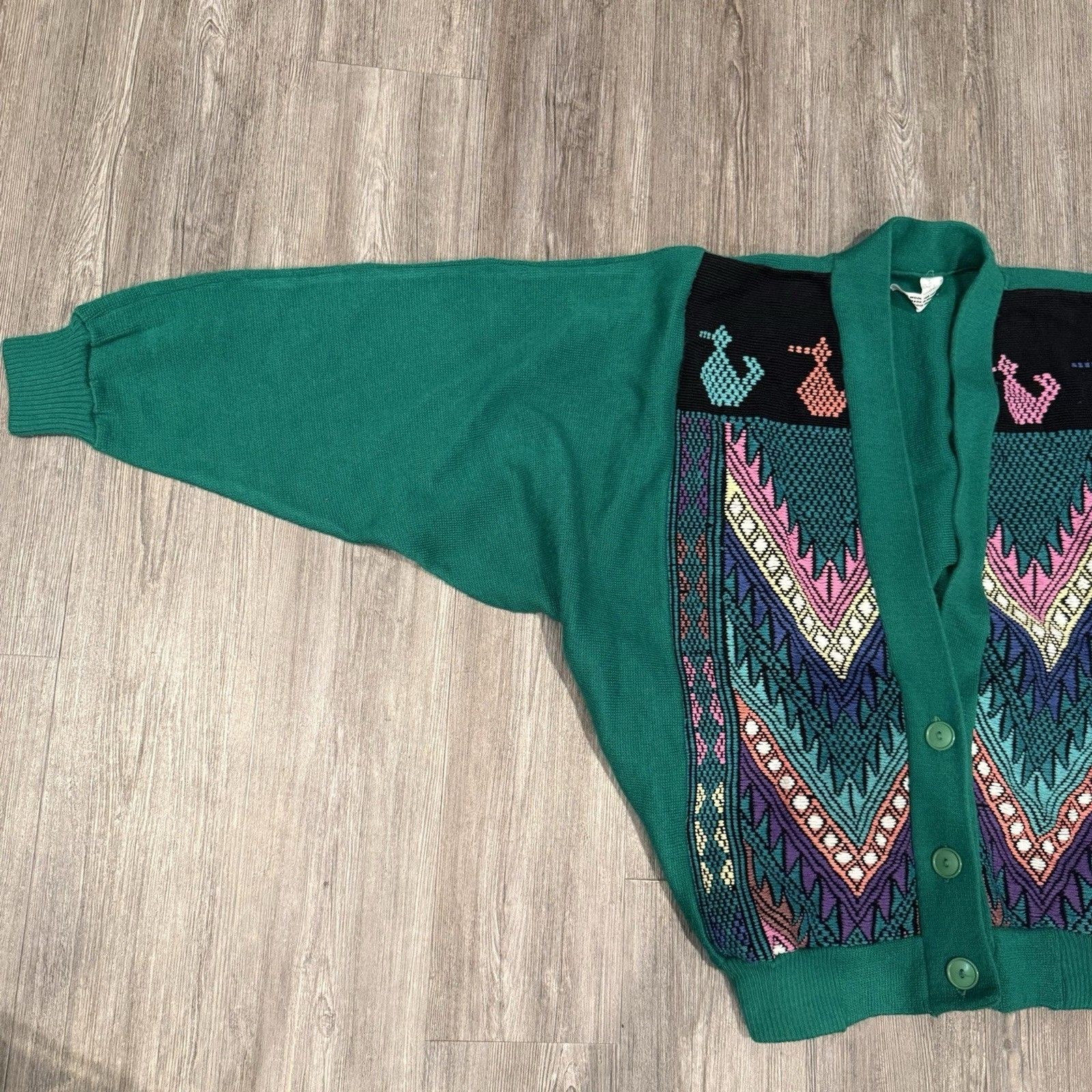 Vintage Handmade Guatemalan Cardigan Sweater Woven Cotton Wool Green Folk Art