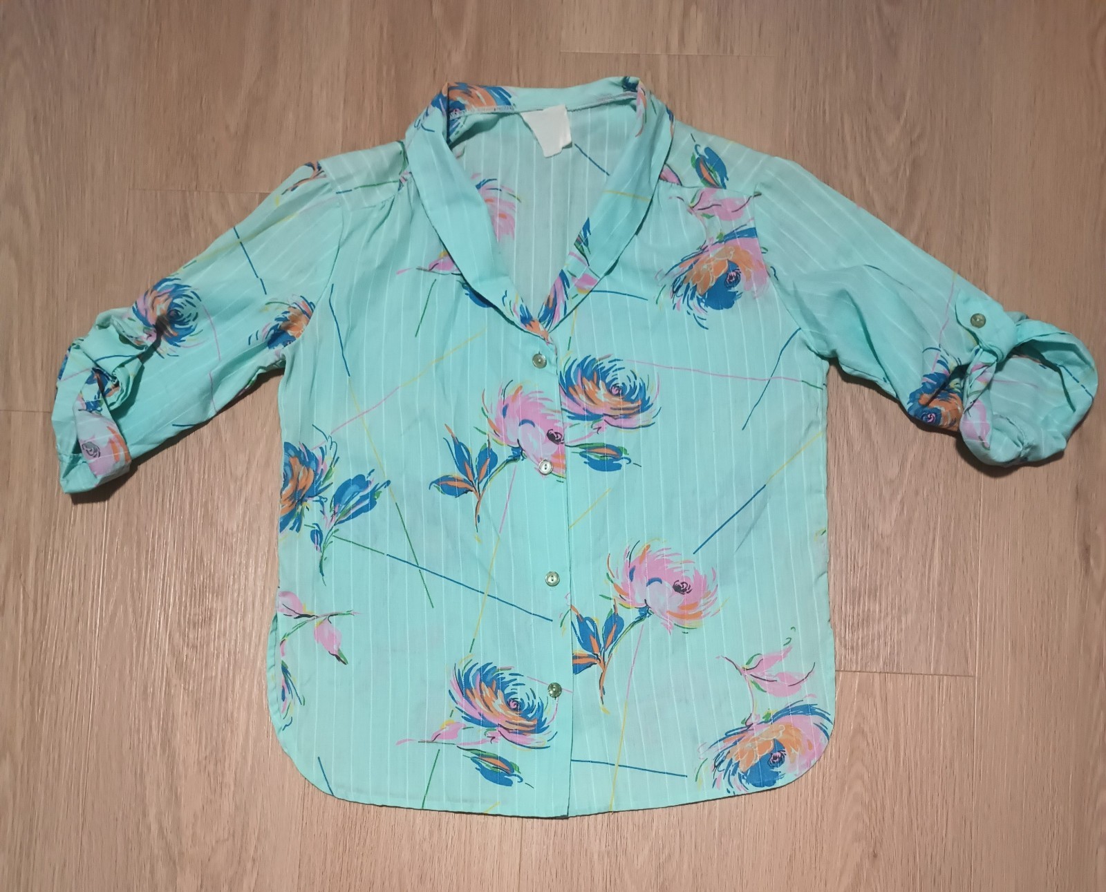 Vtg 80s Green Blue Shawl Collar Button Up Blouse Top new wave kitsch paint M L