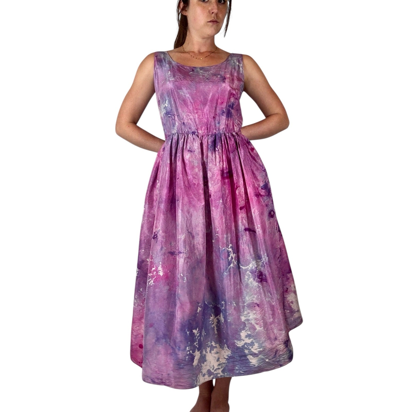 Vintage 1950s Hand Dyed Pink Purple Ice Dye Silk Fit & Flare Dress Crinoline