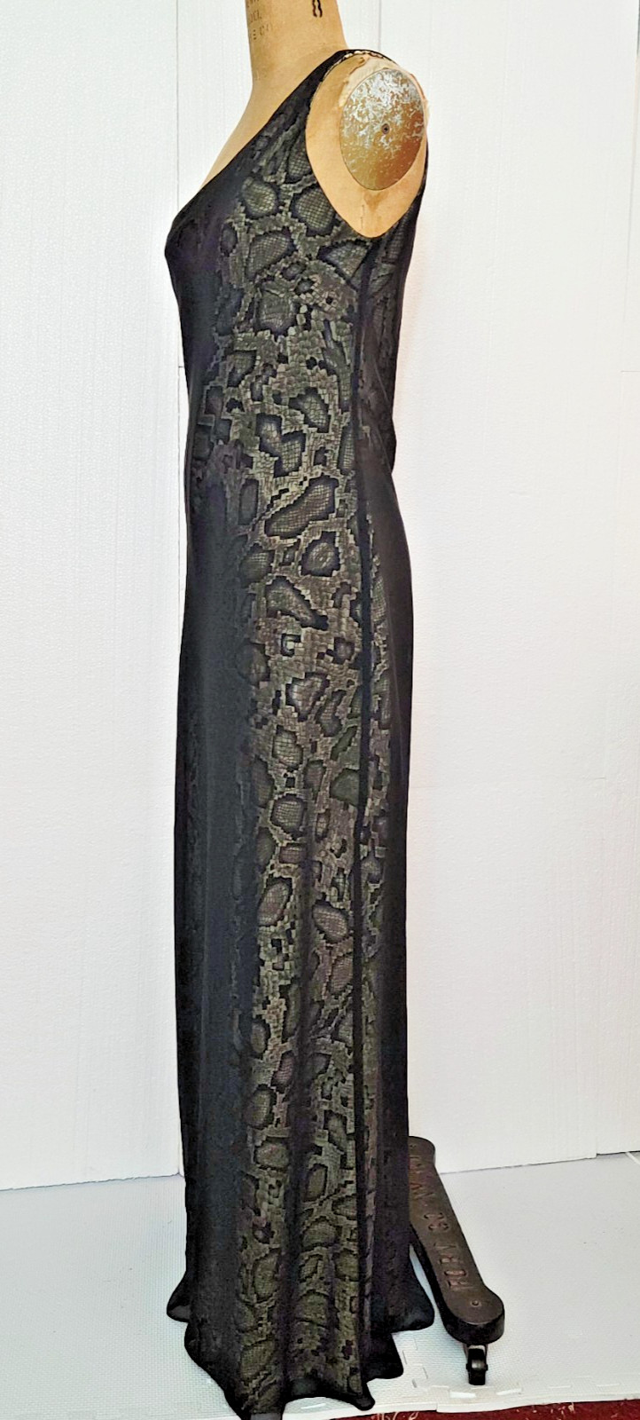 vintage 1990s one shoulder maxi snakeskin slip dress / black chiffon overlay