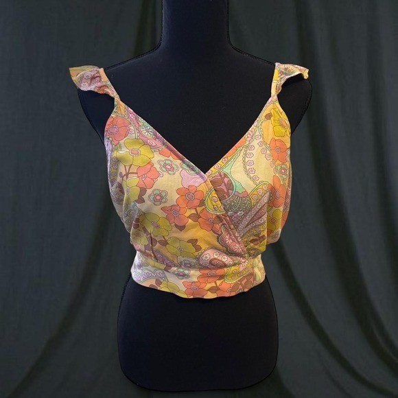 Floral Paisley Crop Top Yellow Pink Ruffle Tie Back Surplice Tank