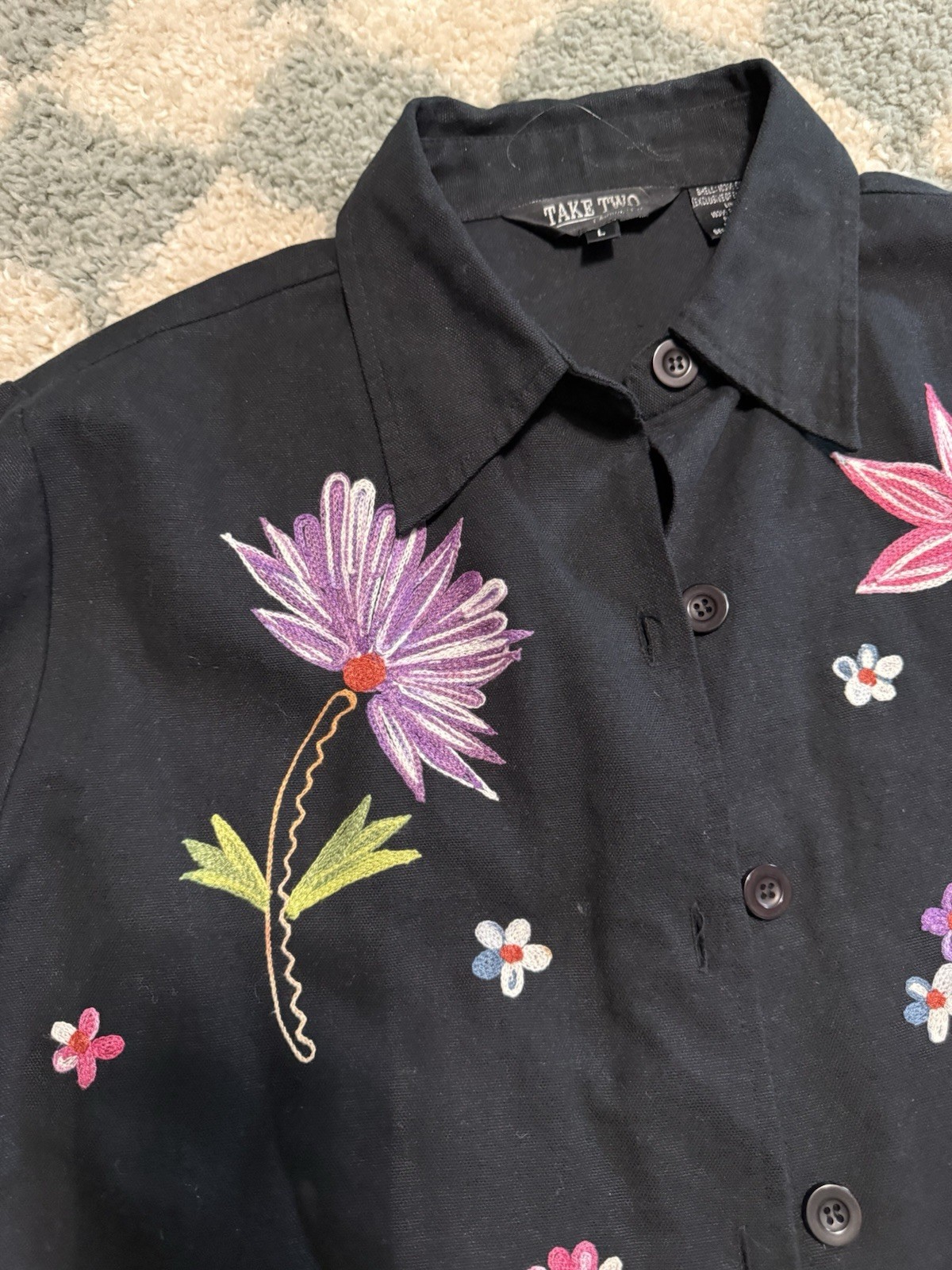 TAKE TWO 100% Cotton Vintage Floral Embroidered Black Jacket and Skirt Set Large