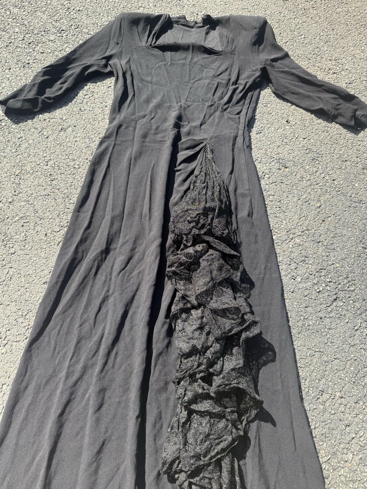 Vintage 1940s Black Rayon Crepe Evening Gown Chantilly Lace Ruffle Cascade M