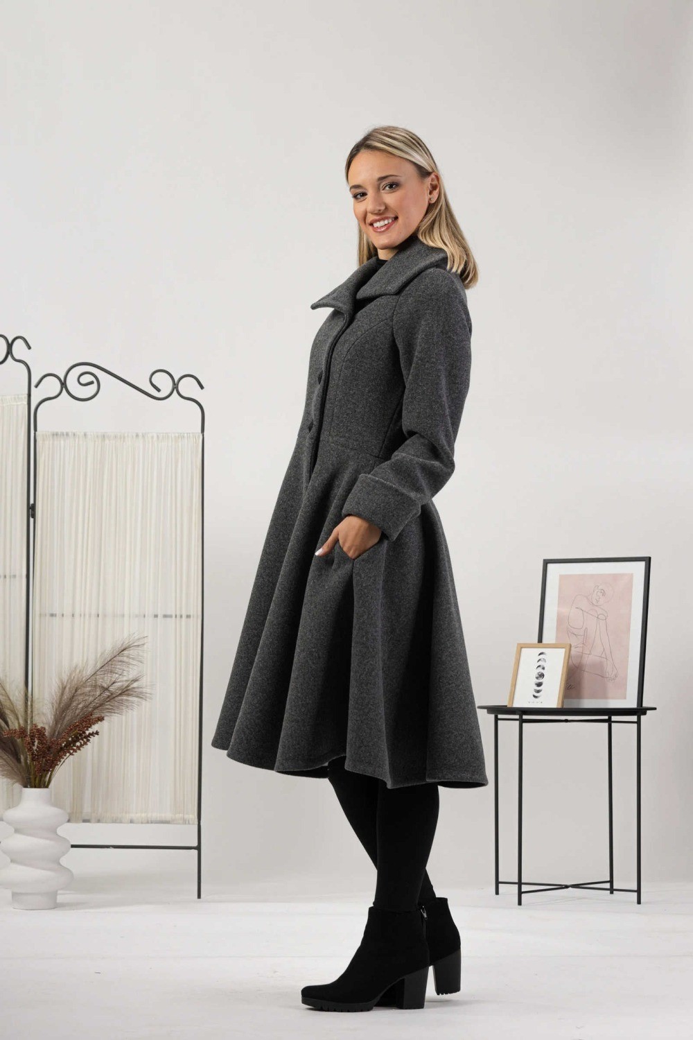Ladies grey coat long jacket hem skirt tweed winter long business elegant
