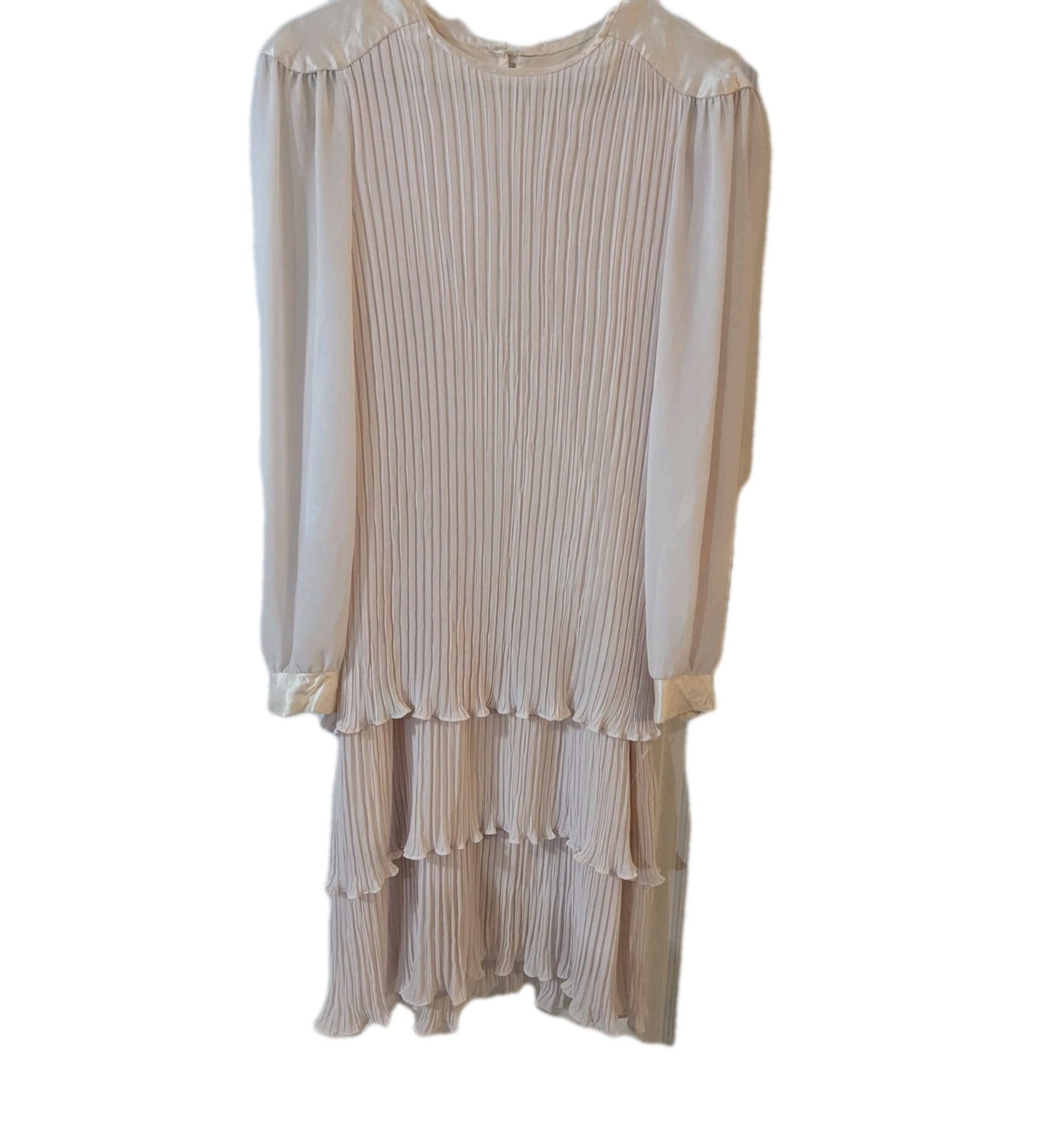 Vintage Flapper Dress Sz 12 Rouched Layers Pink Ruffles USA Long Sheer Sleeves