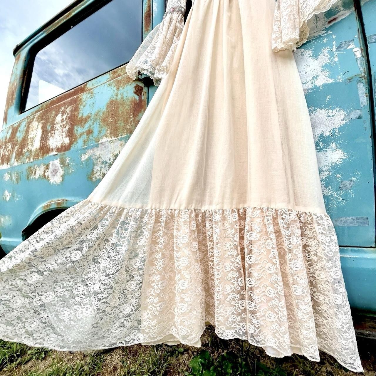 70s Candi Jones california lace maxi gown w/ bell cuffs
