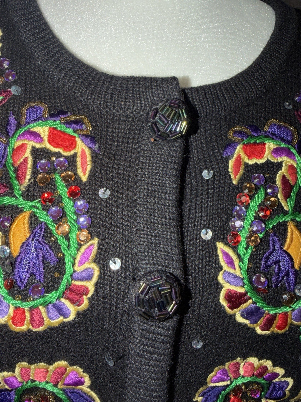 Jack B Quick Button Cardigan Sweater Size Large Sequins Beads Rhinestones Black