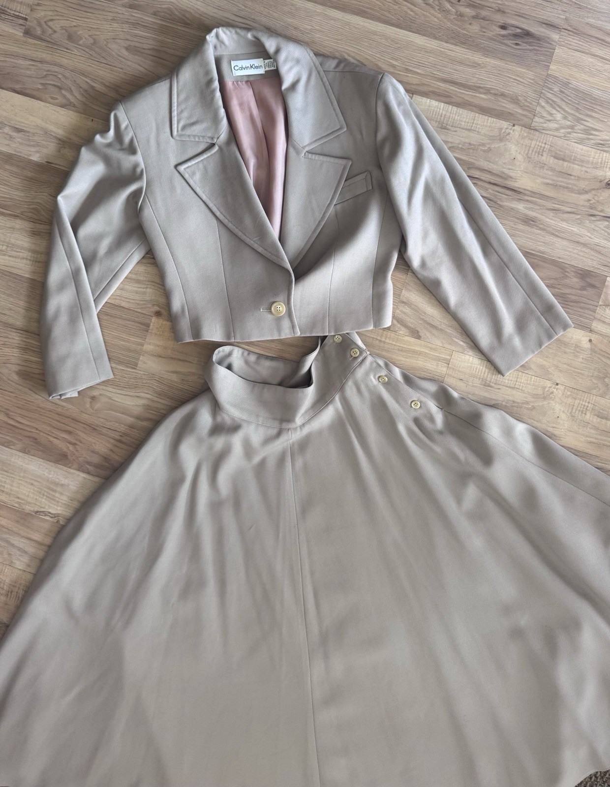 VTG 80s Calvin Klein Tan Khaki Skirt Cropped Jacket Set Medium Equestrian