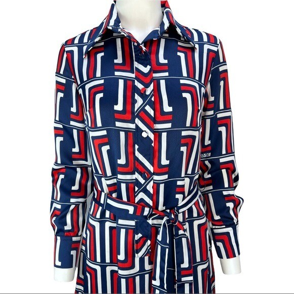 VINTAGE 70’s LANVIN Paris Red White & Blue Long sleeve Shirt Dress Sz 10 w/Belt
