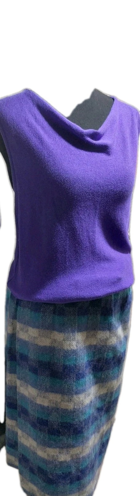 Best’s Apparel Vintage Purple Top & Striped Blue Gray Skirt Suit Set
