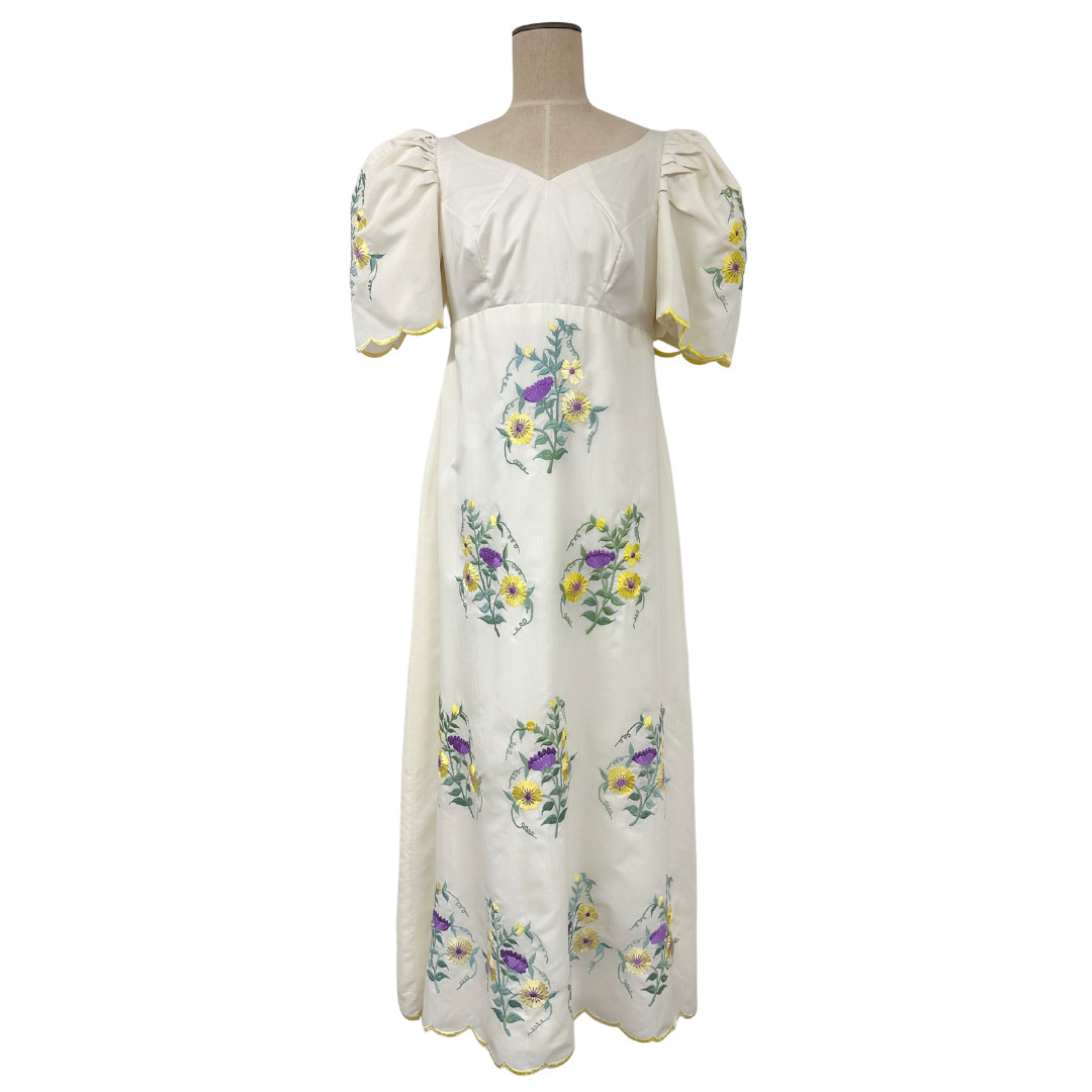 Vintage 1960s La Roncal Olongapo Filipiniana Puff Sleeve Embroidered Dress
