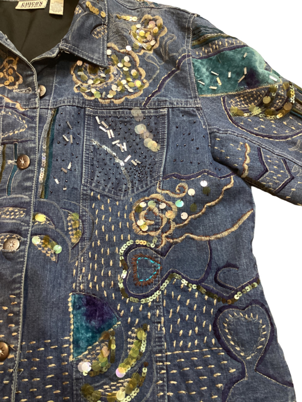 Chico’s Designs Denim Jacket Womens 3 Sequins Embroidery Beaded Boho 80’s Vtg