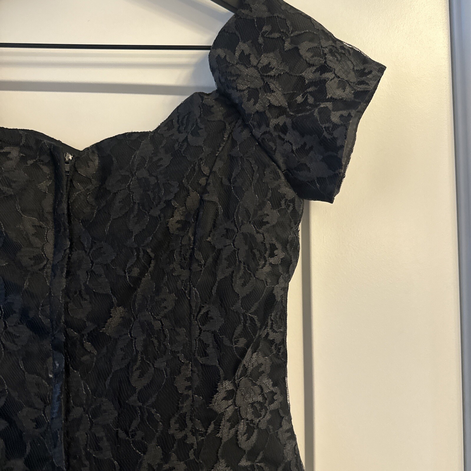 VTG 90s Off Shoulder Flare Mini Dress Prom Sz S Black Lace Roberta Grunge Goth