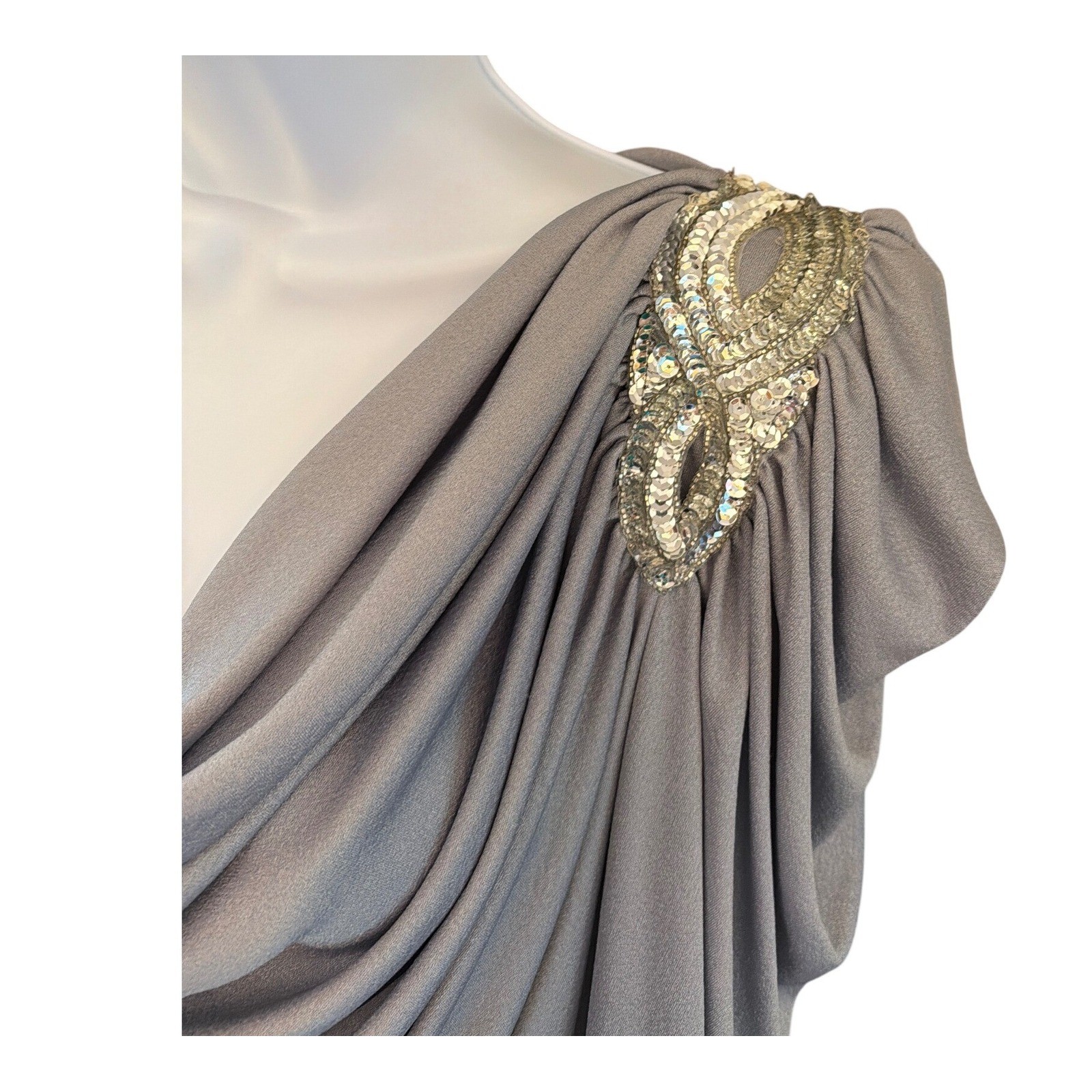 Vintage 80’s Climax by David Howard Draped Dress Silver Sequin Glam Disco 4402