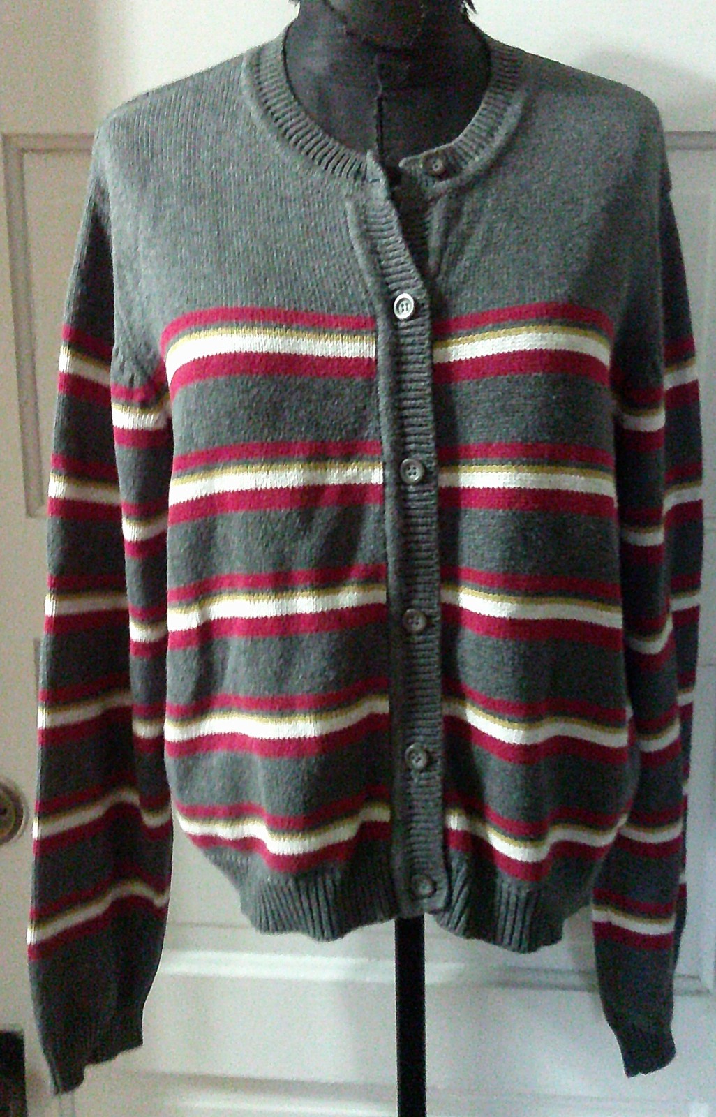 90’s AMERICAN EAGLE Gray Red Stripe Button Up Cardigan Sweater L