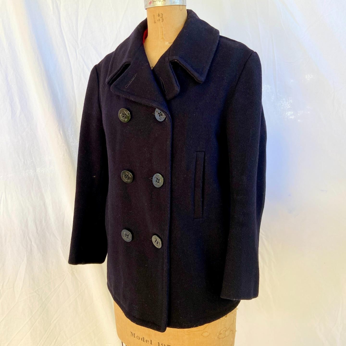 vtg 50s 60s RICHARDS AUTHENTIC Navy Blue Wool Pea Coat Jacket Anchor Buttons 16