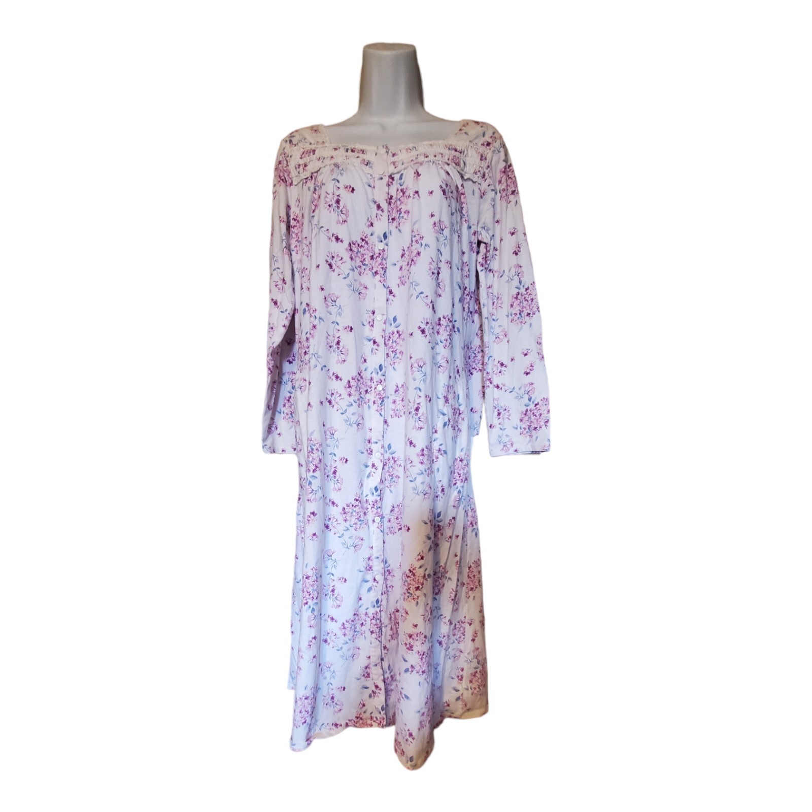 VTG Earth Angel Women’s S Nightgown Full Length White Purple Blue Floral Snaps