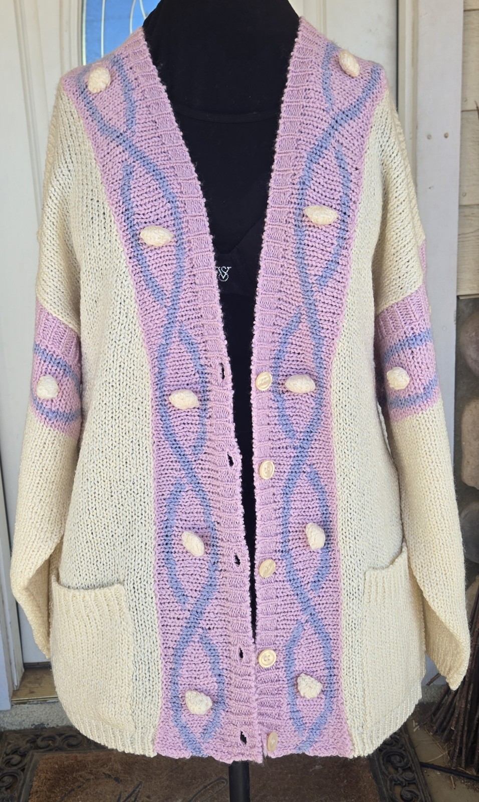 1980s CHAUS SPORT Pastel Pink And Blue Chunky Knit Cardigan Sweater Size Medium