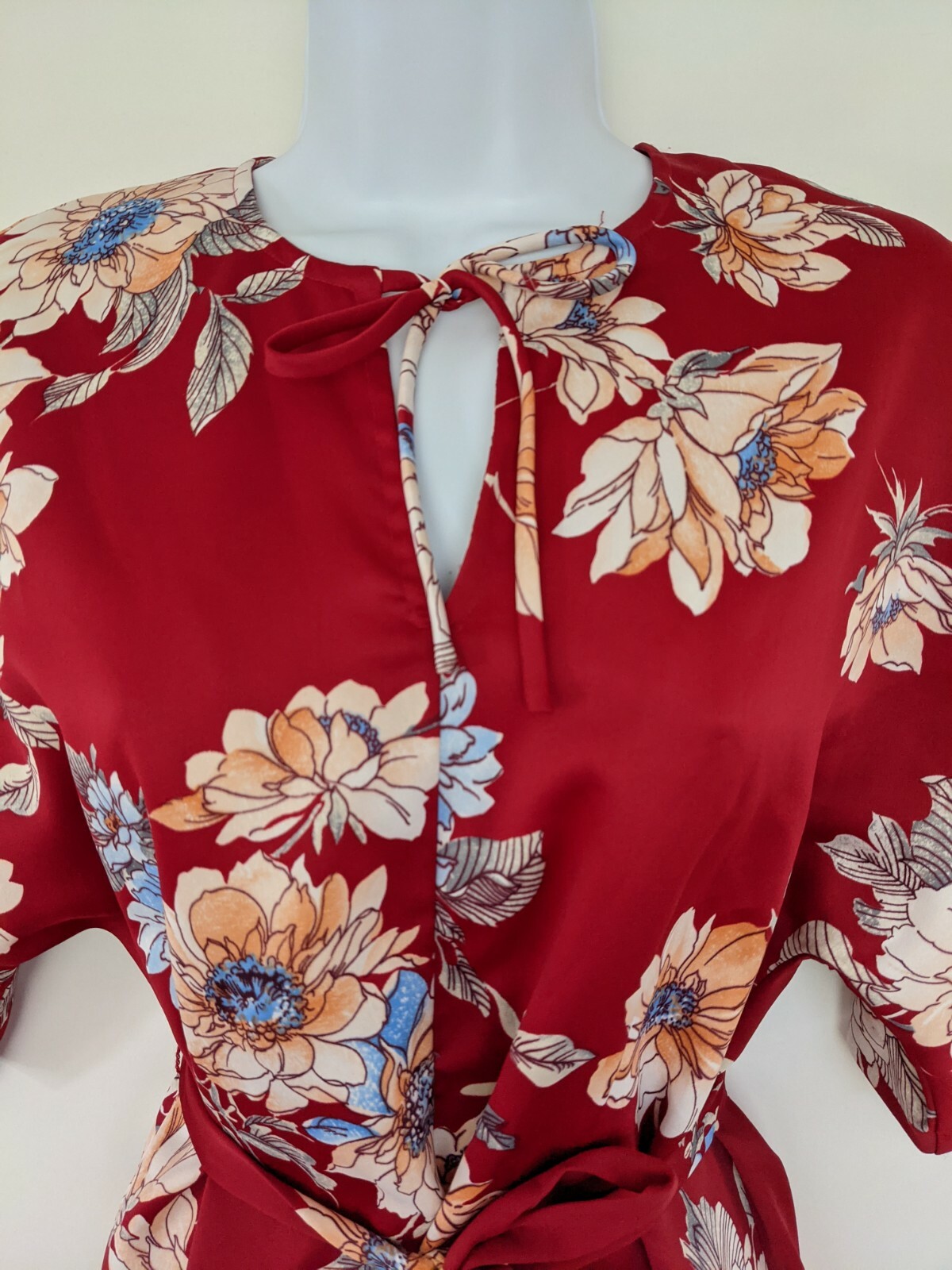 Vintage Nani Of Hawaii Belted Red Floral Hawaiian Blouse Top Polyester USA S