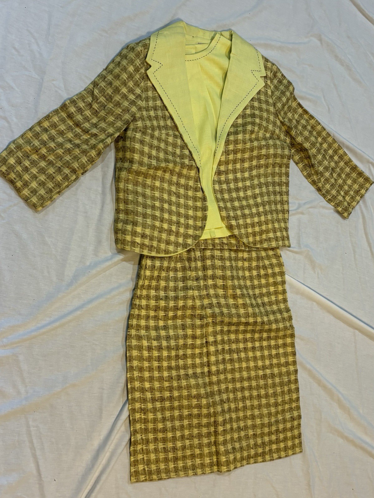 Vintage 60s 70s Jeanne Durrell Dallas 3 Pc Suit Mod Yellow Skirt Set Size 8