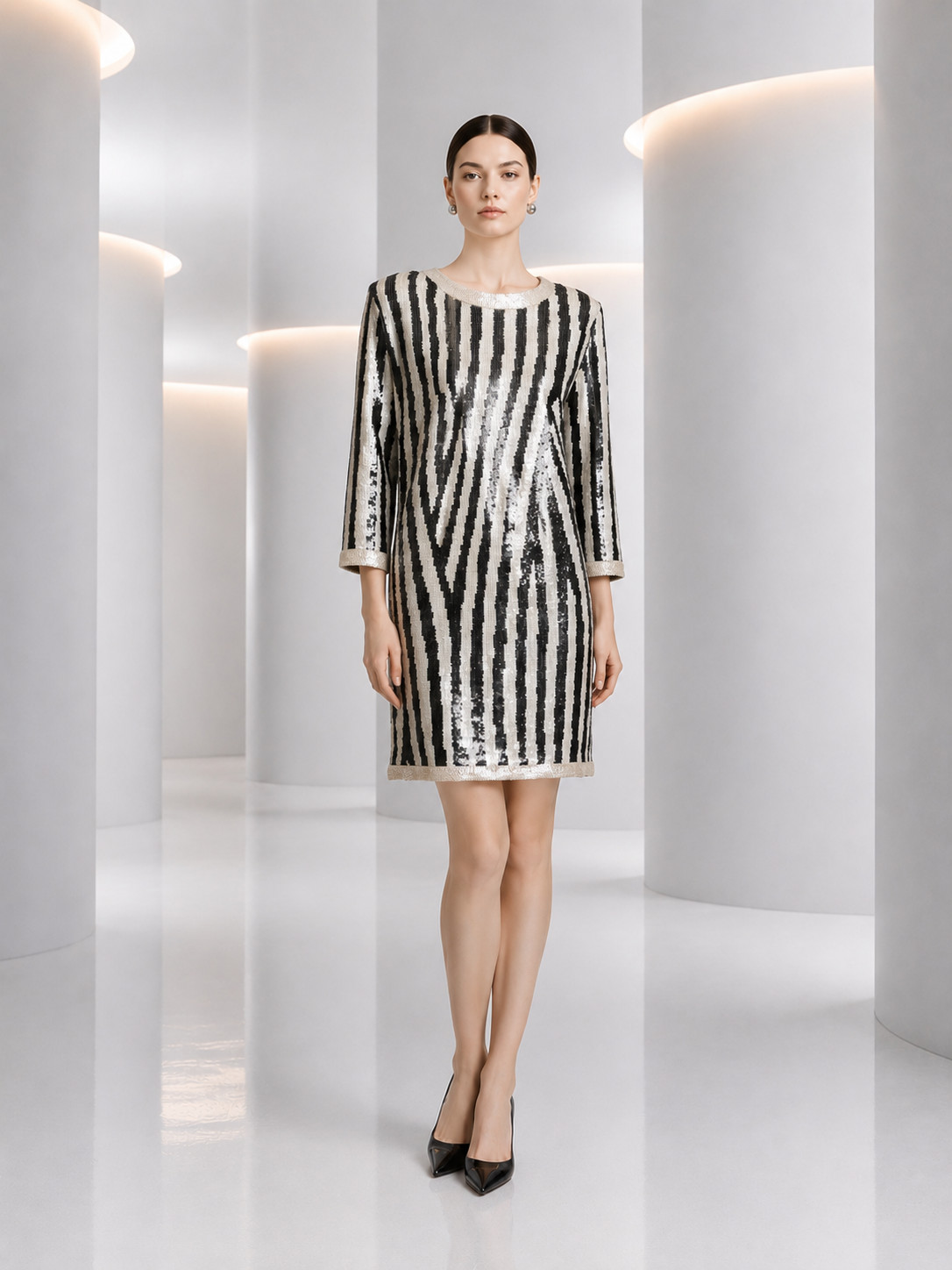 PIERRE CARDIN – 1985 Black & White Sequin Cocktail Dress, Size 10