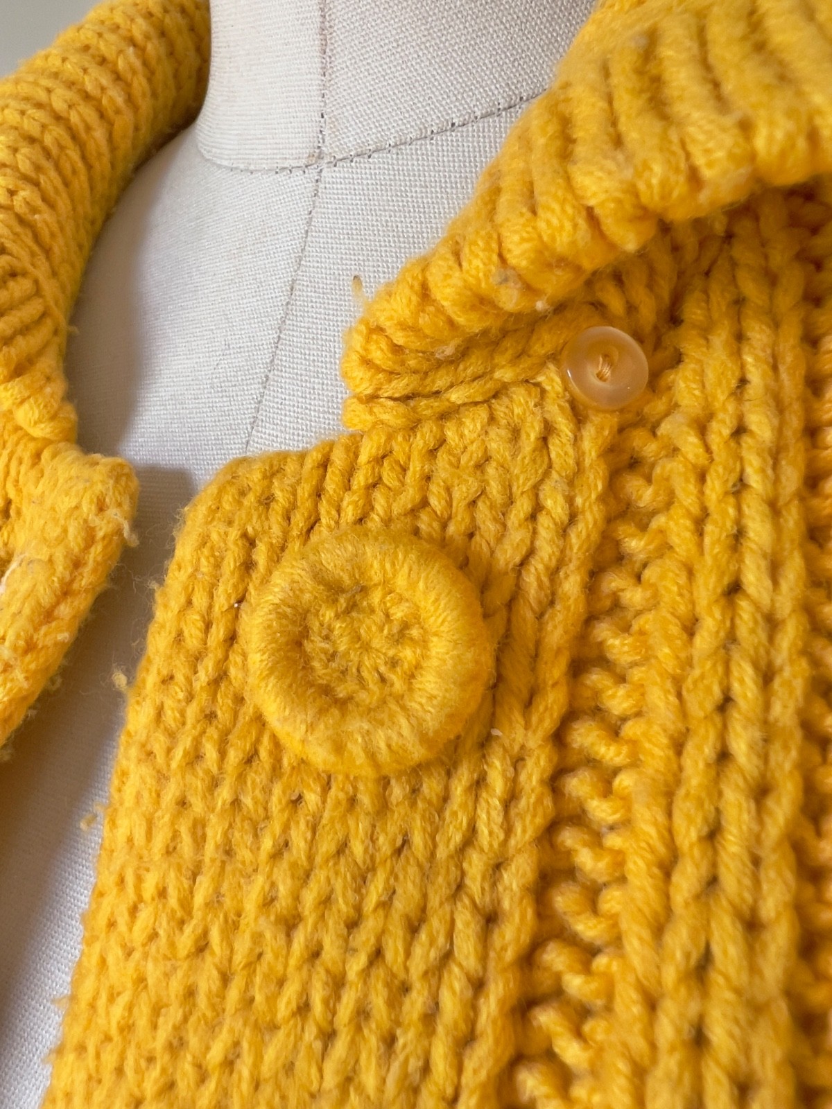 Vintage Hand Knit Mustard Yellow Button Up Sweater Chunky Cardigan