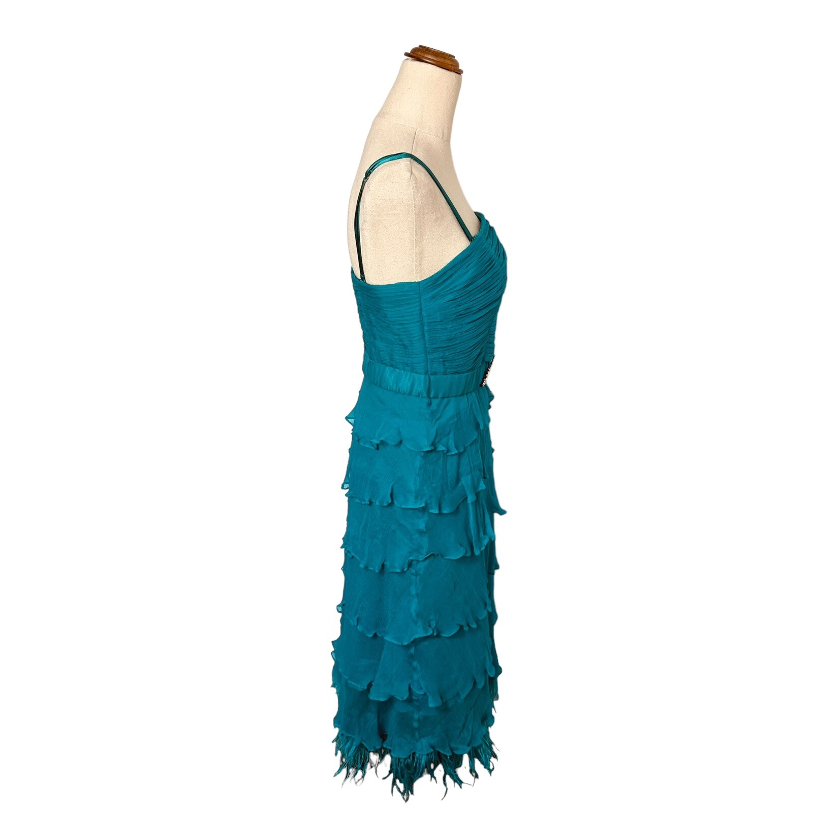 Vintage 90s Y2K Aqua Silk Tiered Formal Prom Dress Feather Trim Sz 10 McBling