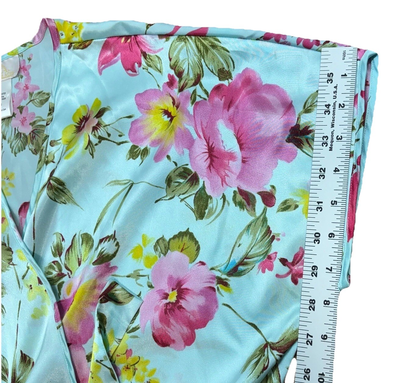 VTG LA Intimates Sz L Robe SS Kimono Wrap Blue Floral Romantic Garden Flowers