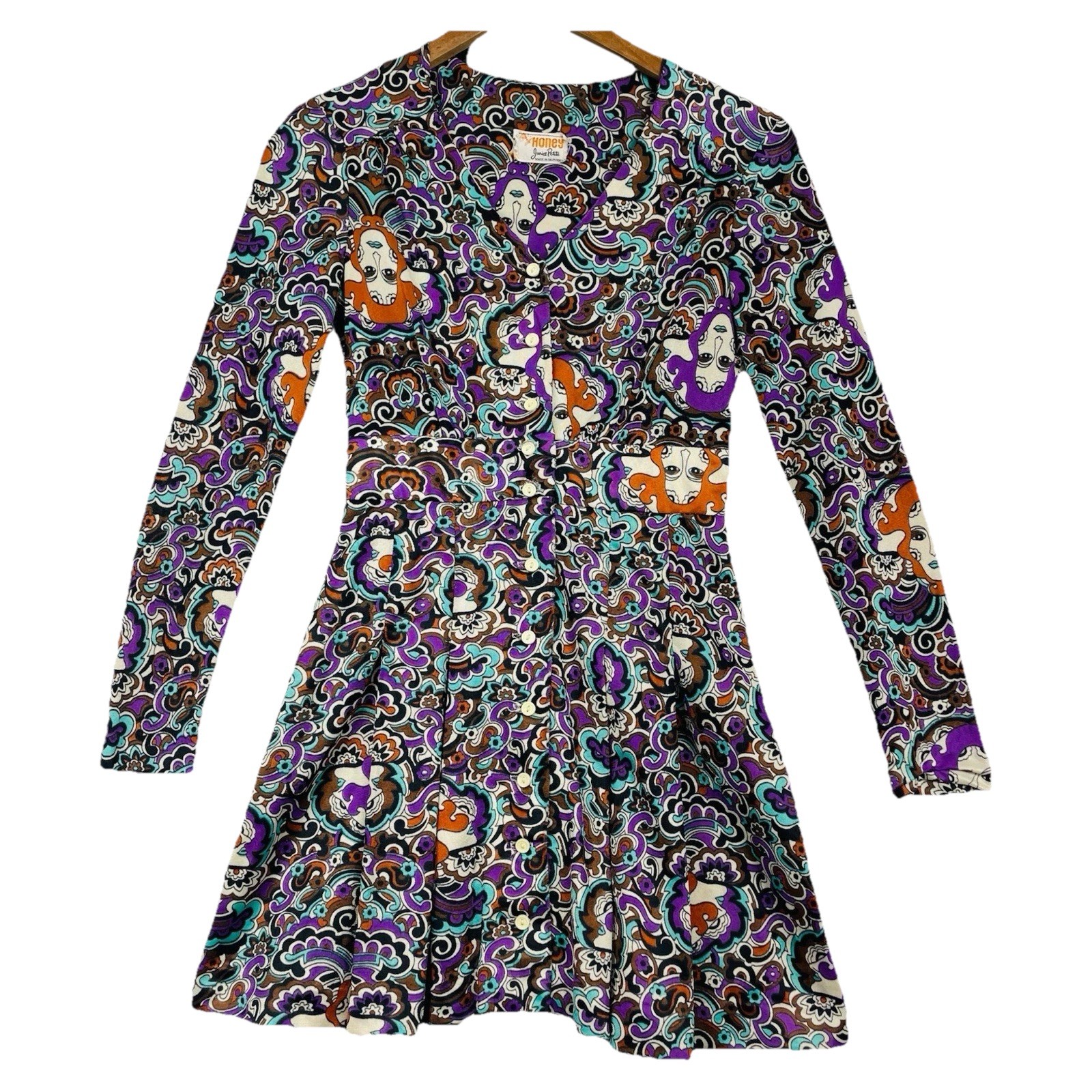 Vtg Psychedelic Dress Mod Go Go Boho Cali 60s Novelty Honey Hippie Face Brit
