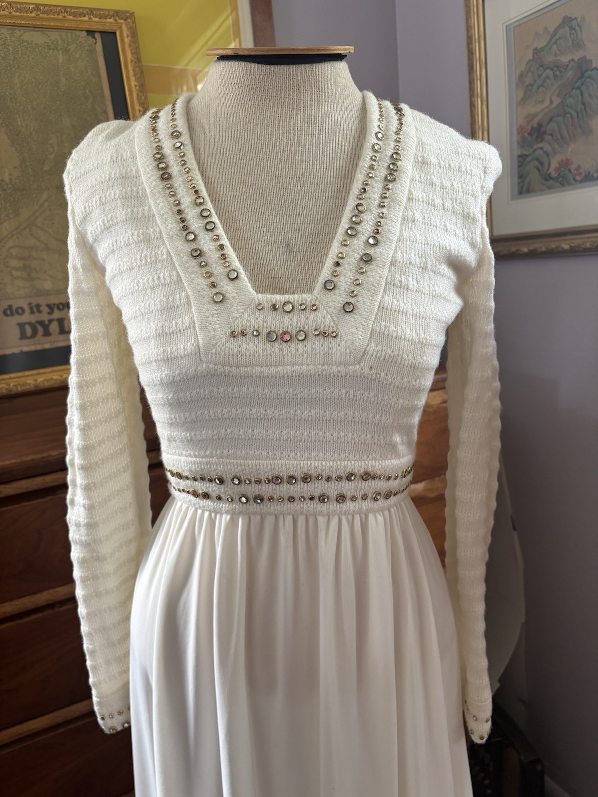Vintage 1970s White Bridal Gown Rhinestone Knit Bodice Maxi Dress ILGWU USA 8