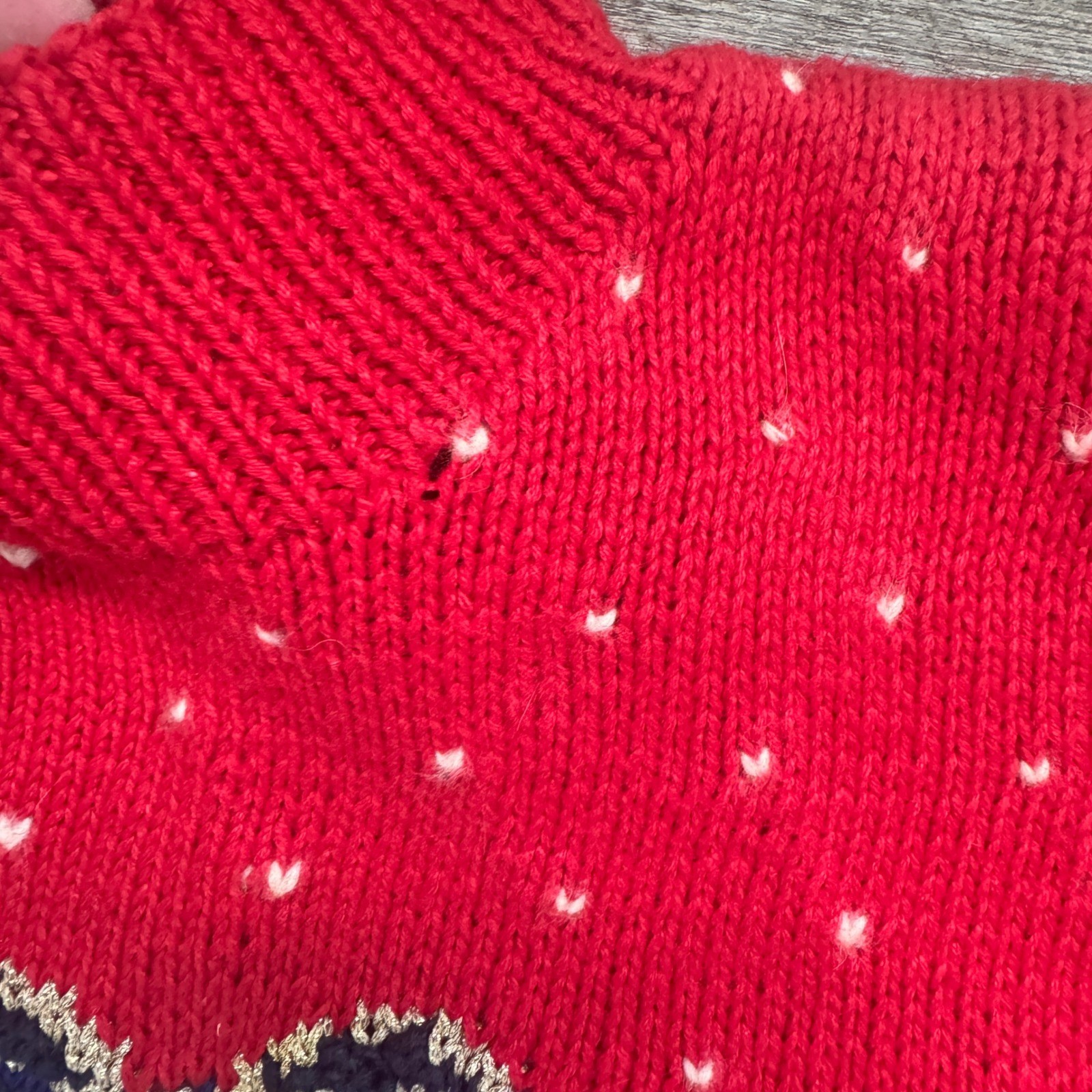 Marisa Christina Vintage Hand Knit Christmas Granny Sweater Red Teddy Bear Bell