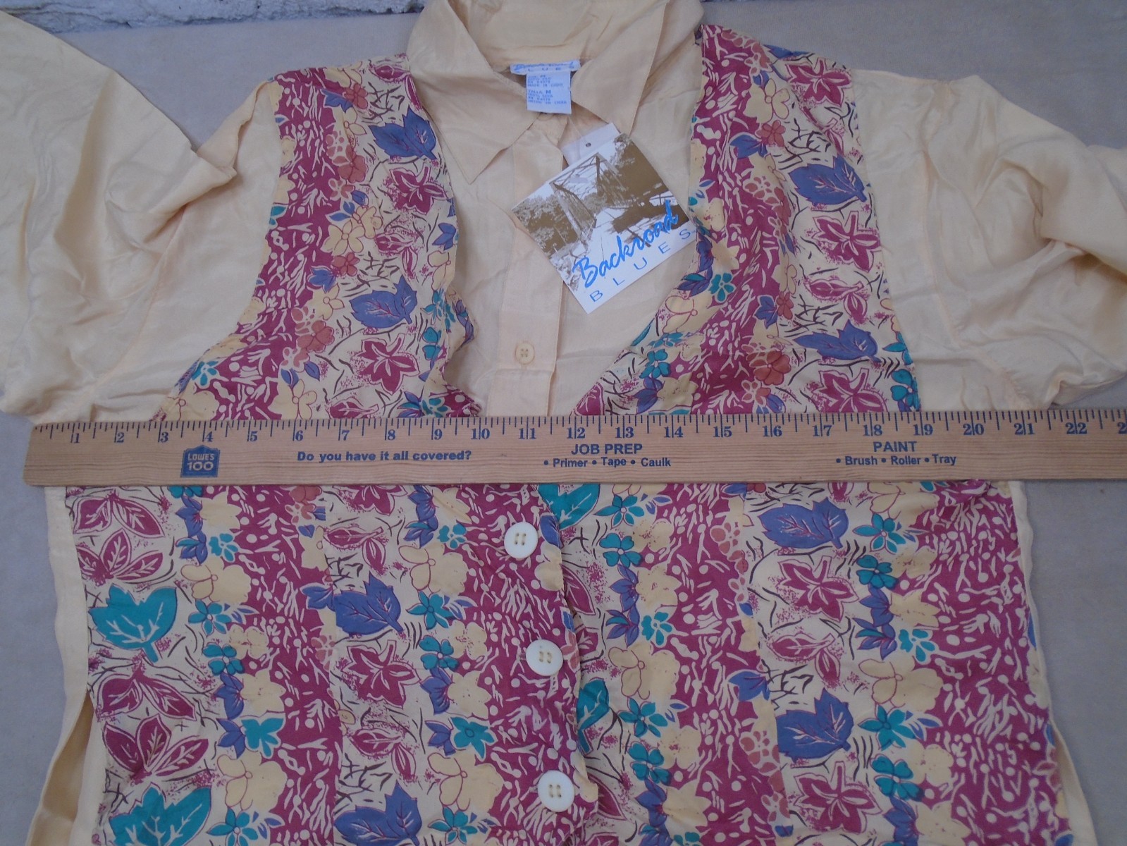 VINTAGE BACKROAD BLUES Womens Blouse Shirt Top Vest Silk Yellow Floral M NWT!