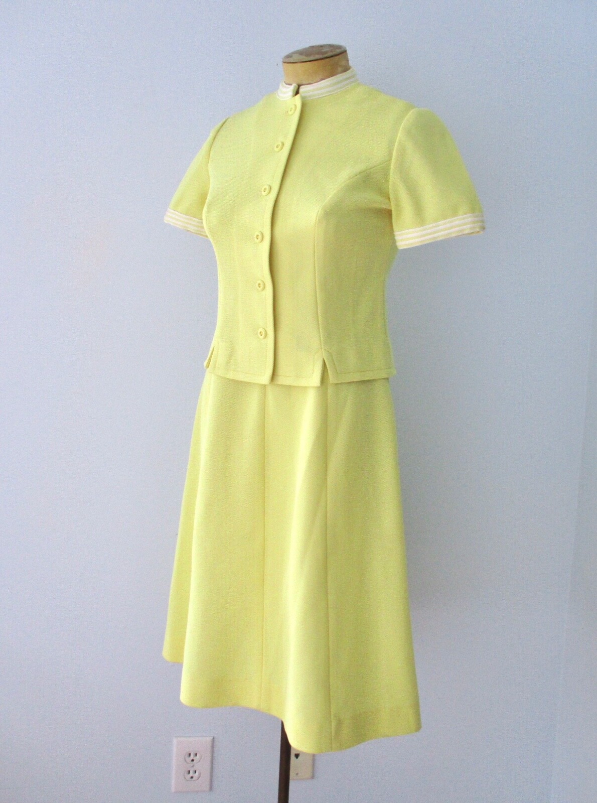 Vtg 70s Leslie Fay Yellow 2-Pc Fit Flare Ringer Dress Jacket Secretary Suit S/M