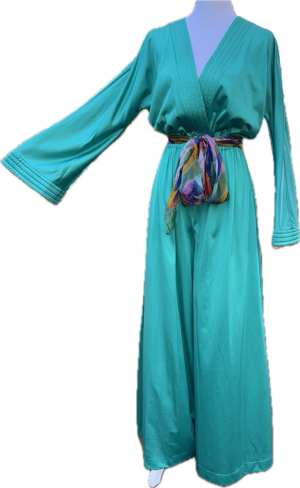 Vtg VANITY FAIR Palazzo Pants Jumpsuit 12 Green Hostess Wide Leg 60s 70s Nylon L
